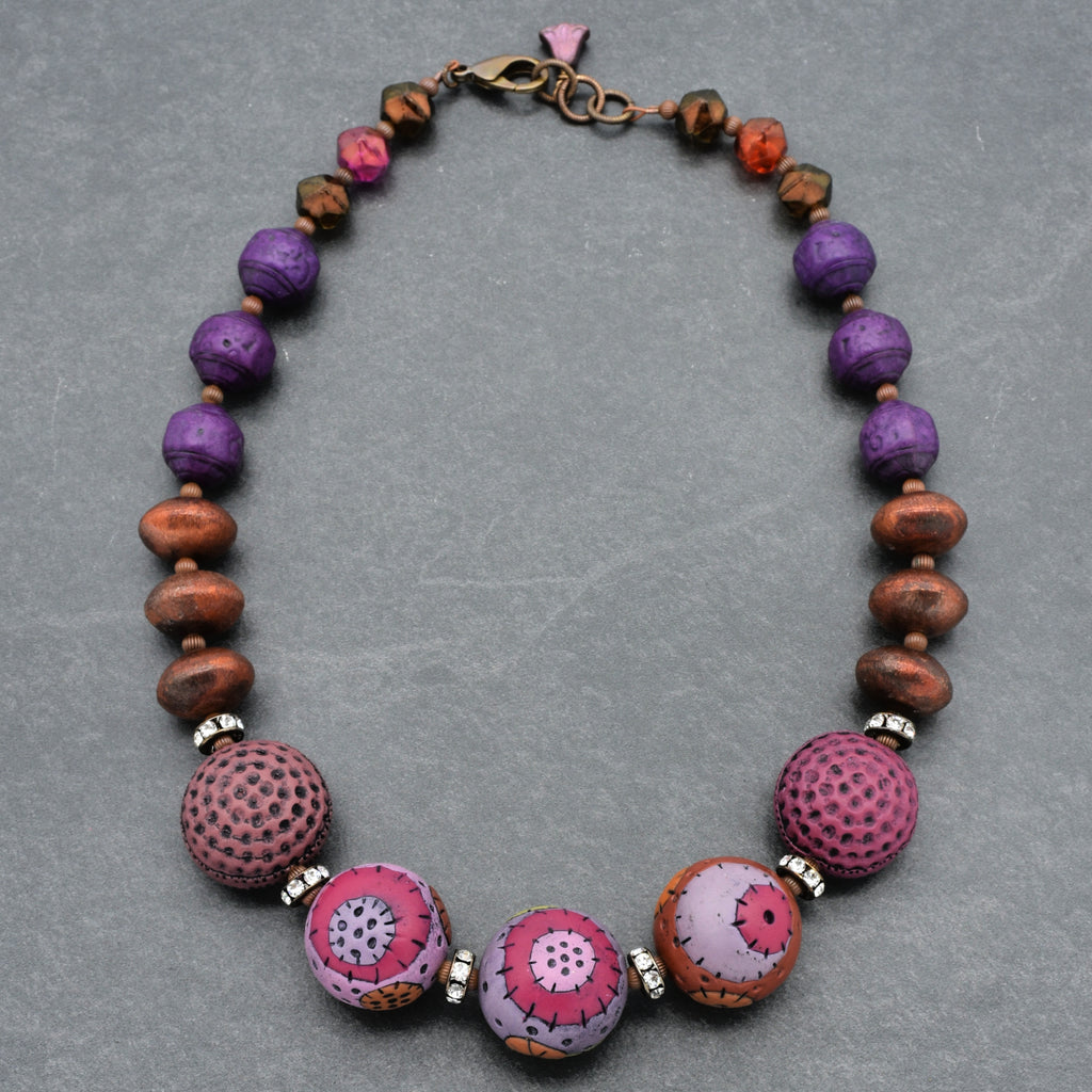 Groovy Retro Necklace - Handmade Artisan Polymer Clay, Brushed Copper, Lucite