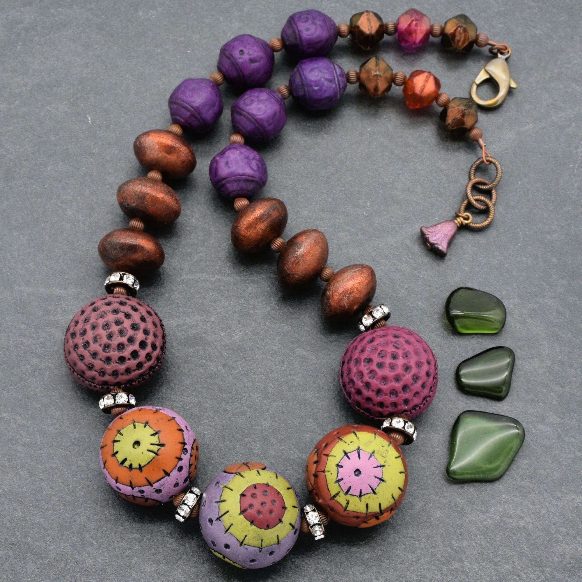 Groovy Retro Necklace - Handmade Artisan Polymer Clay, Brushed Copper, Lucite