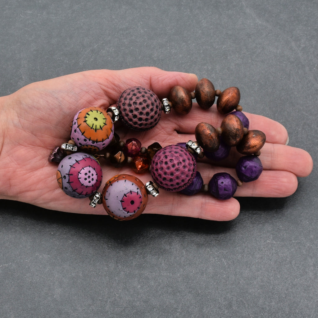 Groovy Retro Necklace - Handmade Artisan Polymer Clay, Brushed Copper, Lucite