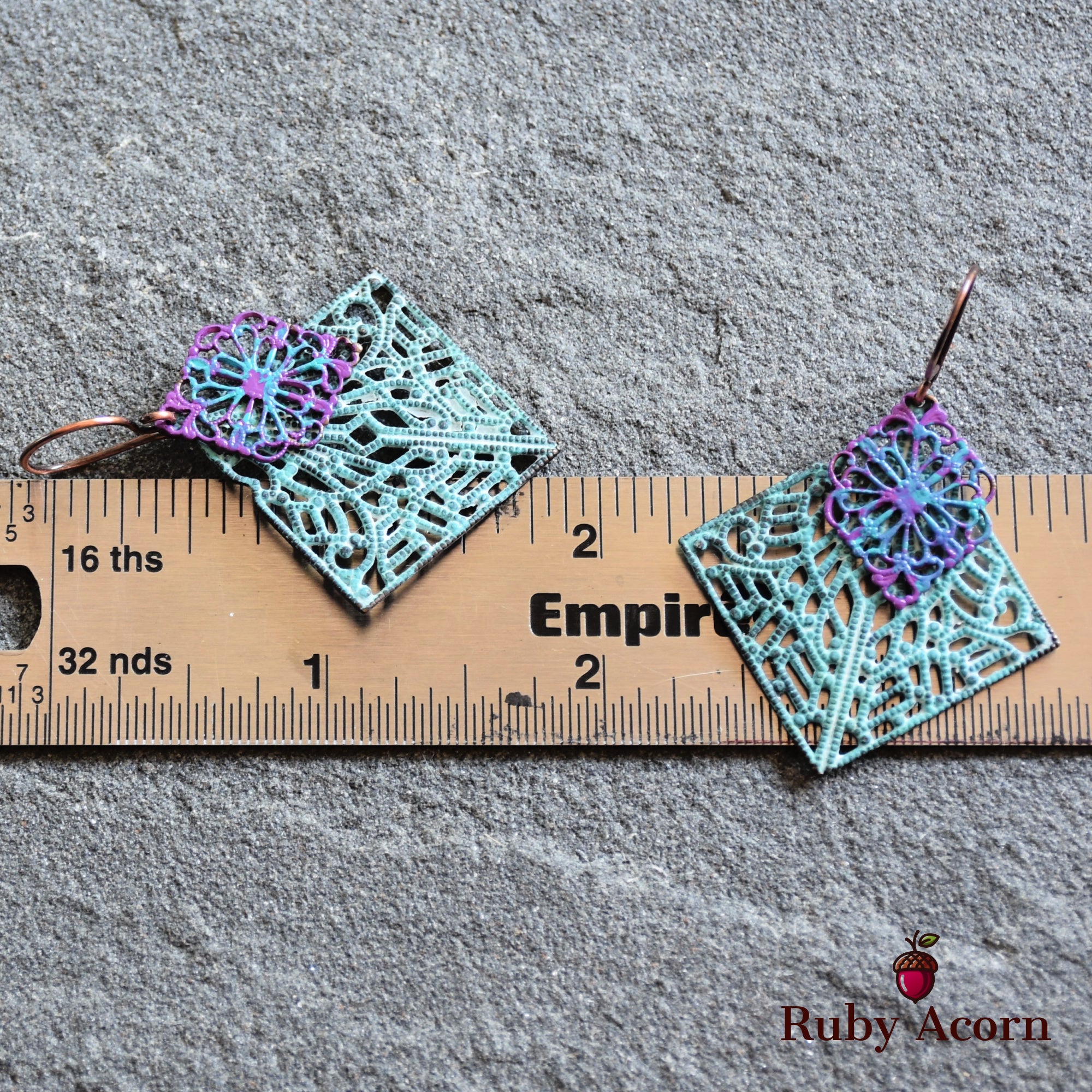 Gypsy Filigree Handmade Dangle Earrings, Artisan Turquoise Patinated Filigree.