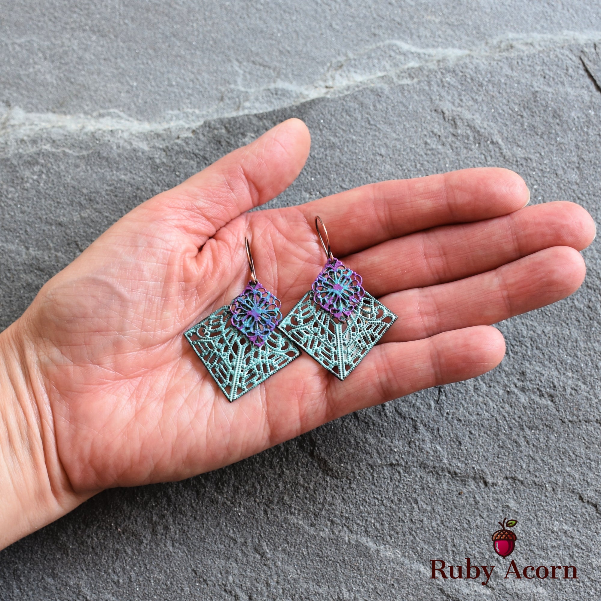 Gypsy Filigree Handmade Dangle Earrings, Artisan Turquoise Patinated Filigree.