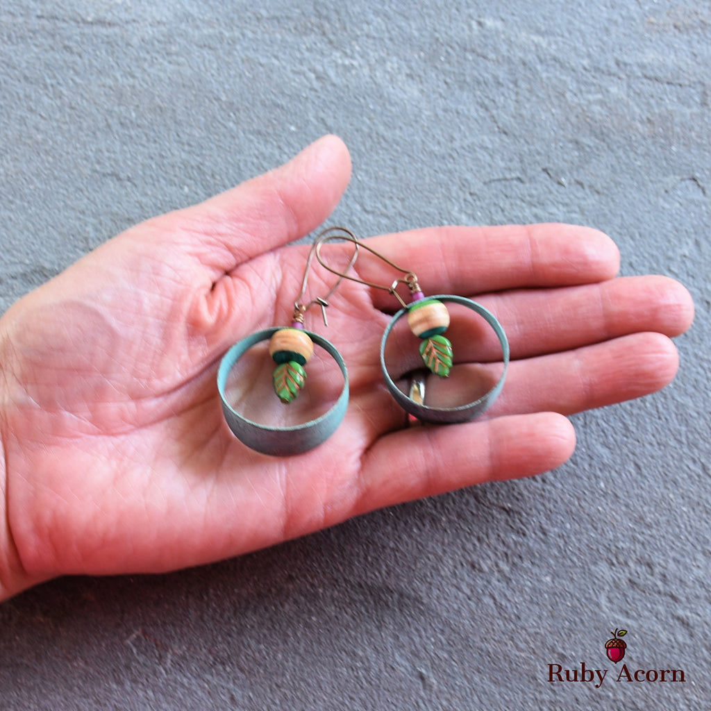 Gypsy Hoops Handmade Earrings, Recycled Skate Board, Artisan Hoops, Czech Glass