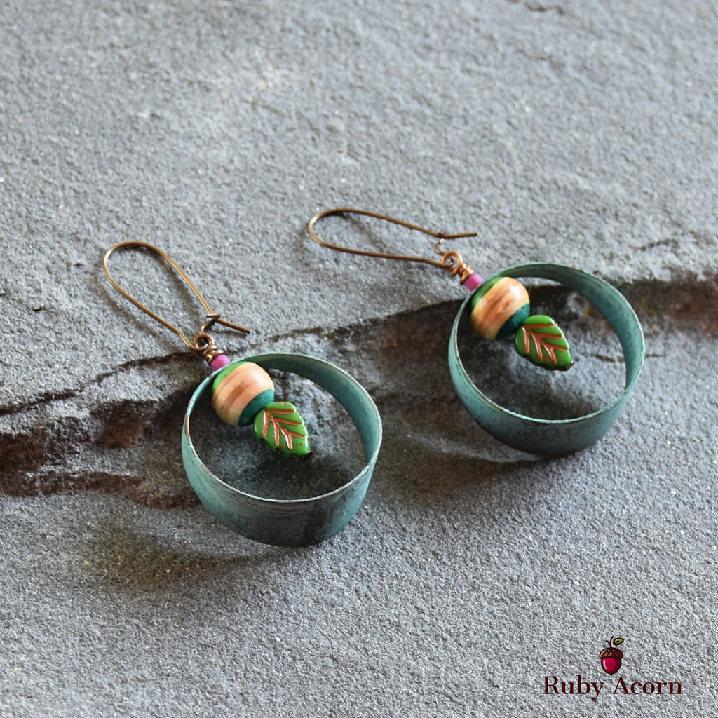 Gypsy Hoops Handmade Earrings, Recycled Skate Board, Artisan Hoops, Czech Glass