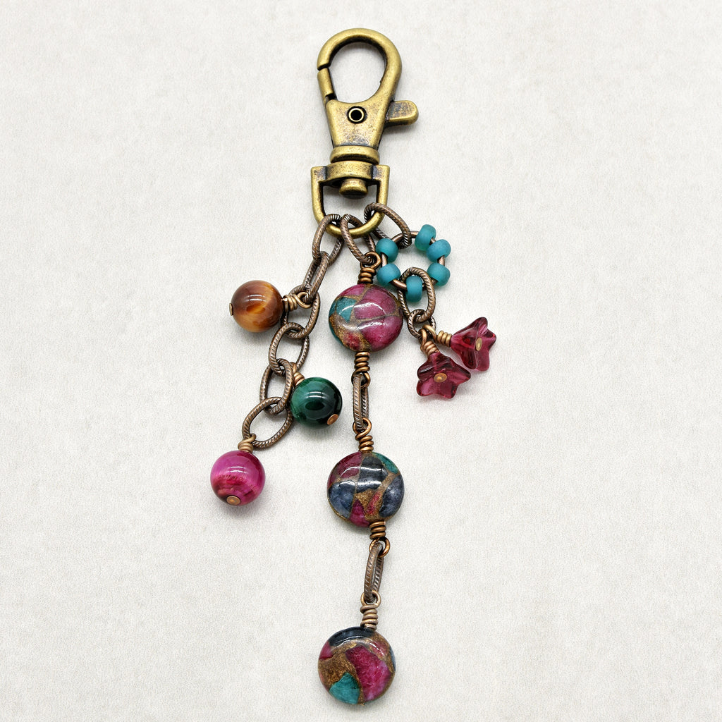 Mosaic in Bloom Handbag Charm featuring mosaic agate bead with fuchsia, turquoise and earth tones, handmade by Ruby Acorn