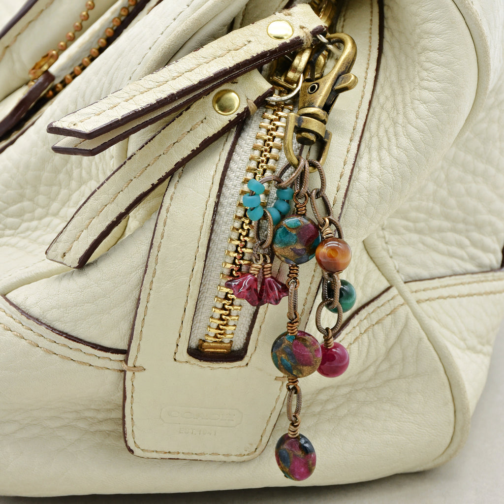 Mosaic in Bloom Handbag Charm featuring mosaic agate bead with fuchsia, turquoise and earth tones, handmade by Ruby Acorn