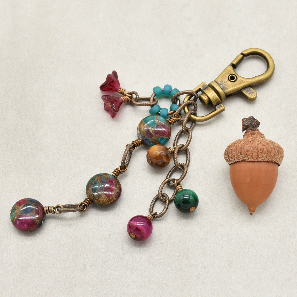 Mosaic in Bloom Handbag Charm featuring mosaic agate bead with fuchsia, turquoise and earth tones, handmade by Ruby Acorn