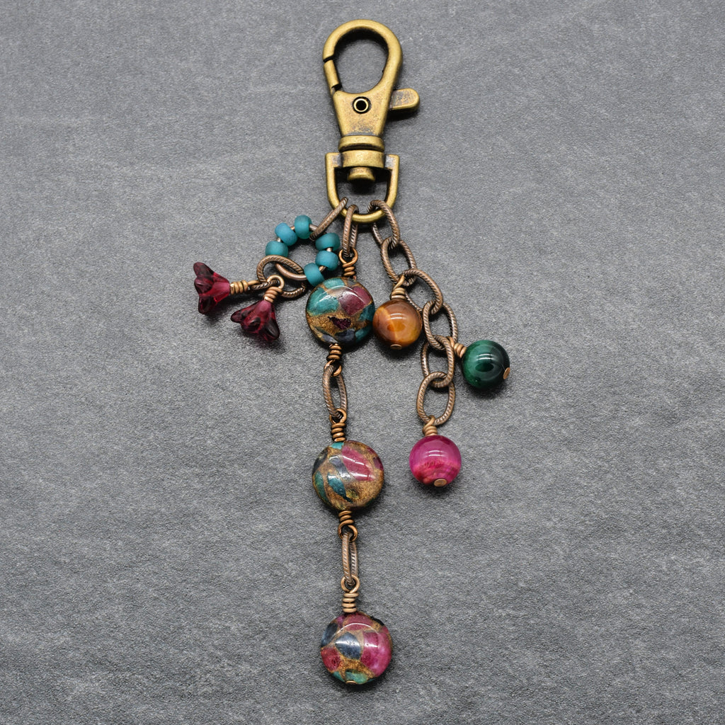 Mosaic in Bloom Handbag Charm featuring mosaic agate bead with fuchsia, turquoise and earth tones, handmade by Ruby Acorn