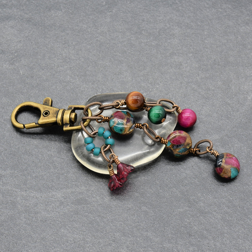Mosaic in Bloom Handbag Charm featuring mosaic agate bead with fuchsia, turquoise and earth tones, handmade by Ruby Acorn