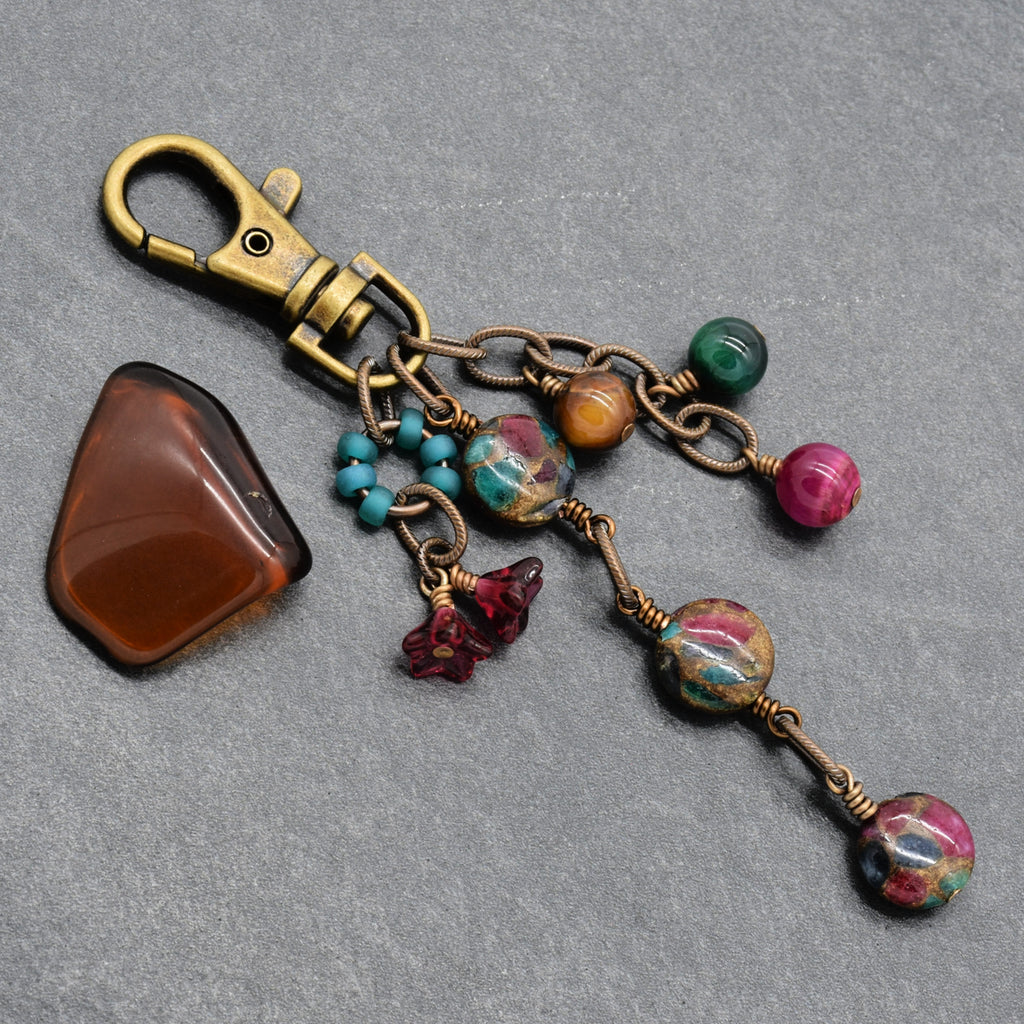 Mosaic in Bloom Handbag Charm featuring mosaic agate bead with fuchsia, turquoise and earth tones, handmade by Ruby Acorn