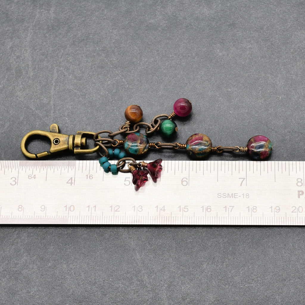 Mosaic in Bloom Handbag Charm featuring mosaic agate bead with fuchsia, turquoise and earth tones, handmade by Ruby Acorn