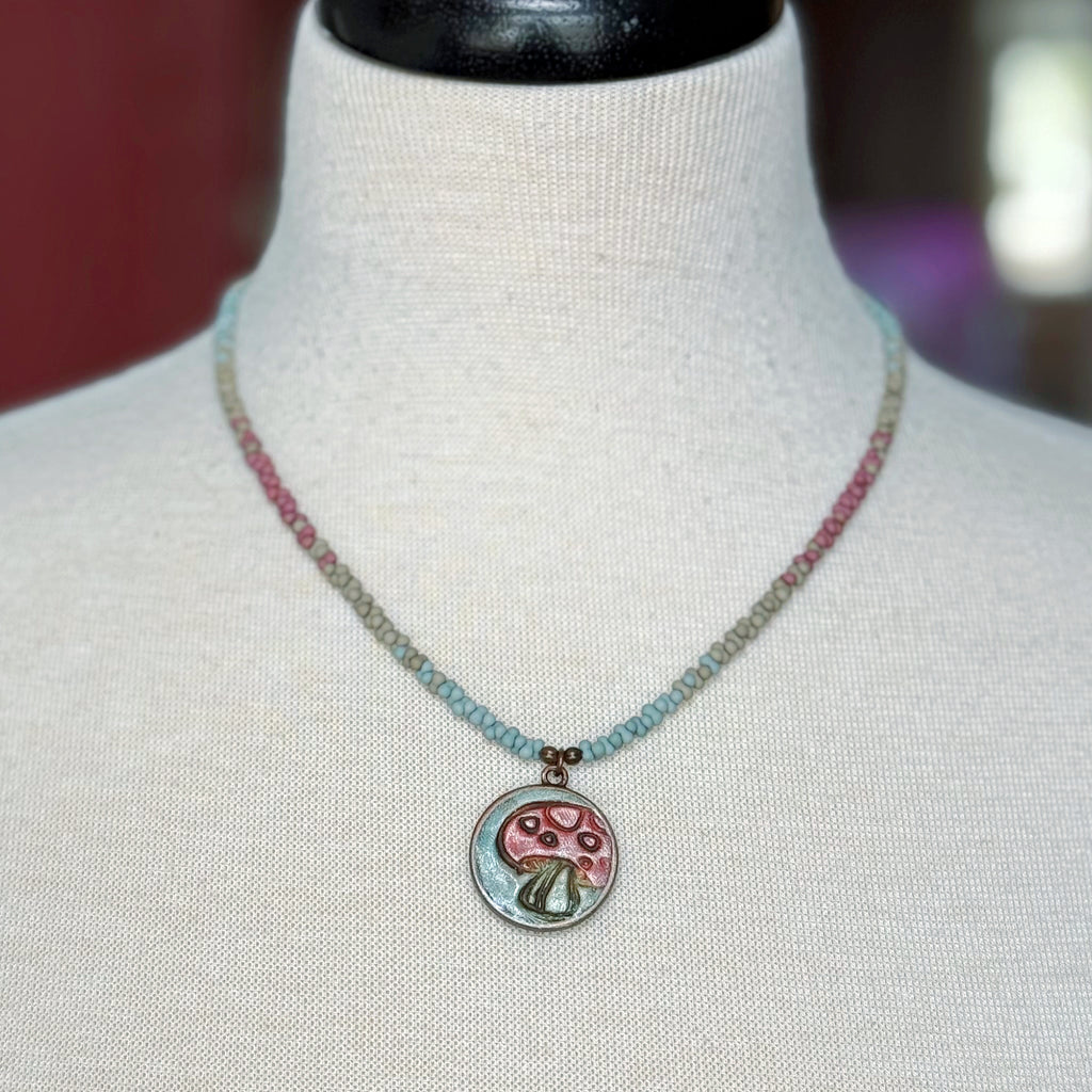 Happy Mushroom Necklace - Artisan Polymer Clay Focal, Peanut Seed Beads, Antique Brass | Handmade Jewelry | Ruby Acorn