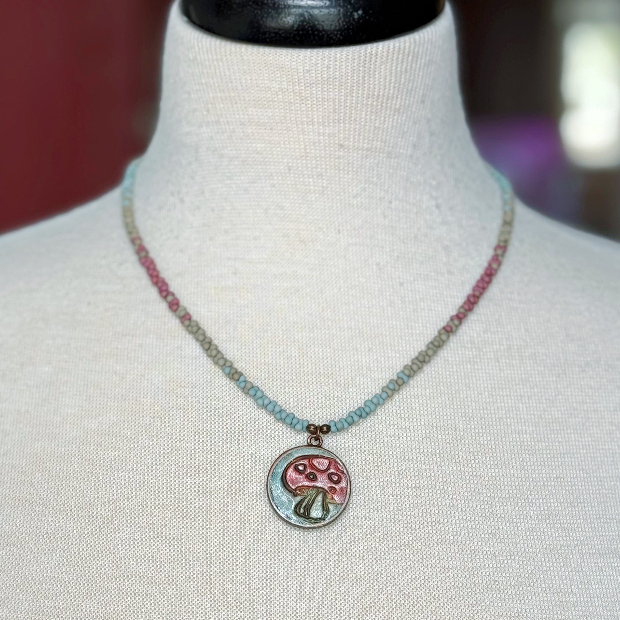 Happy Mushroom Necklace - Artisan Polymer Clay Focal, Peanut Seed Beads, Antique Brass | Handmade Jewelry | Ruby Acorn