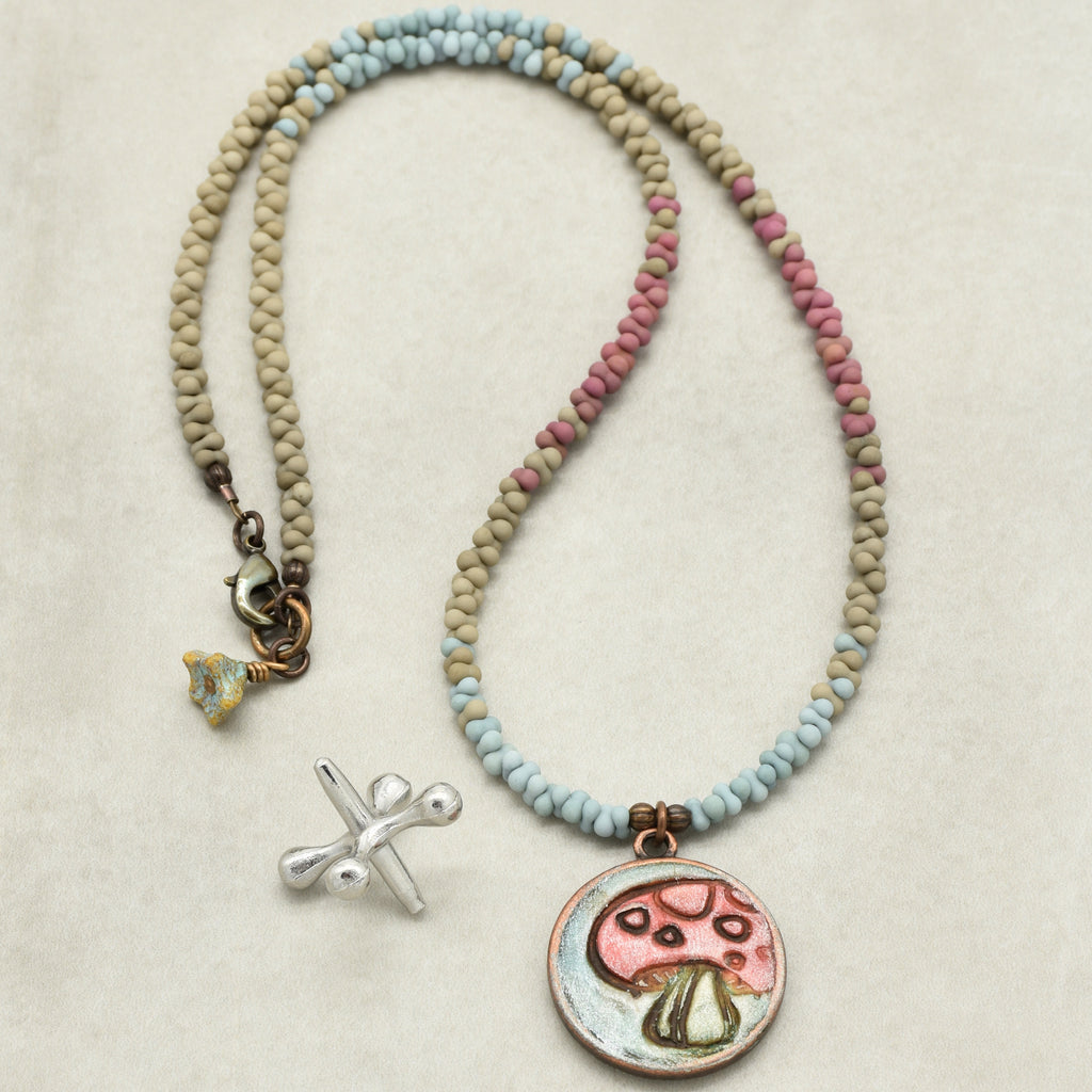Happy Mushroom Necklace - Artisan Polymer Clay Focal, Peanut Seed Beads, Antique Brass | Handmade Jewelry | Ruby Acorn
