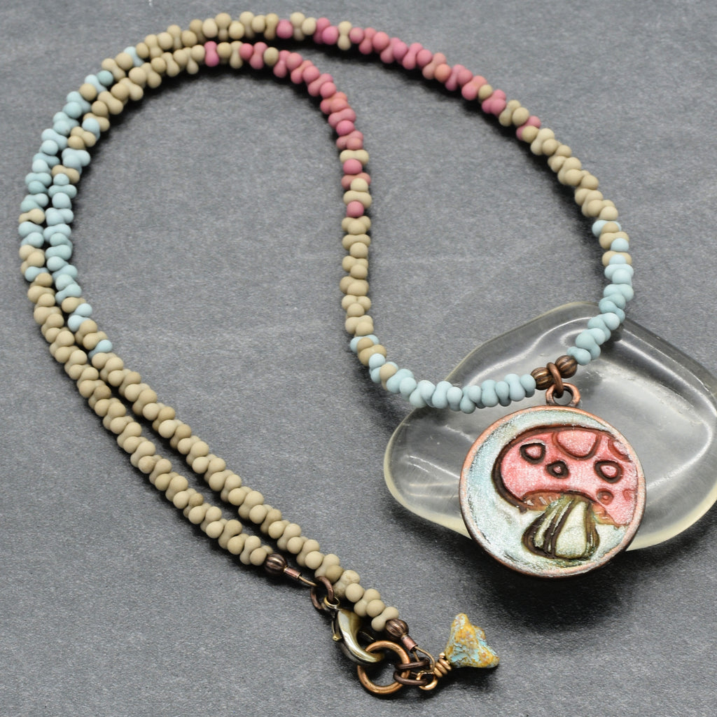 Happy Mushroom Necklace - Artisan Polymer Clay Focal, Peanut Seed Beads, Antique Brass | Handmade Jewelry | Ruby Acorn