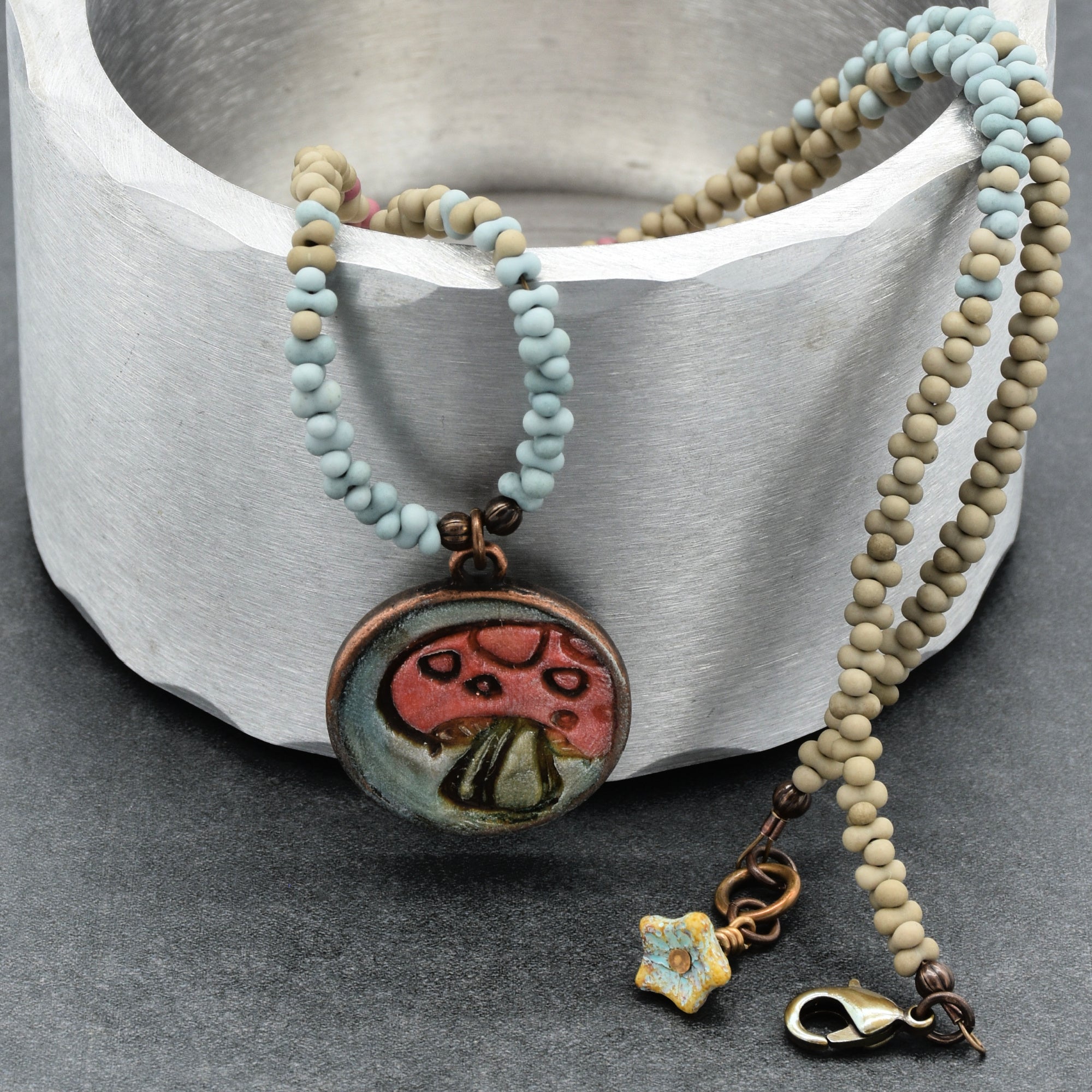 Happy Mushroom Necklace - Artisan Polymer Clay Focal, Peanut Seed Beads, Antique Brass | Handmade Jewelry | Ruby Acorn