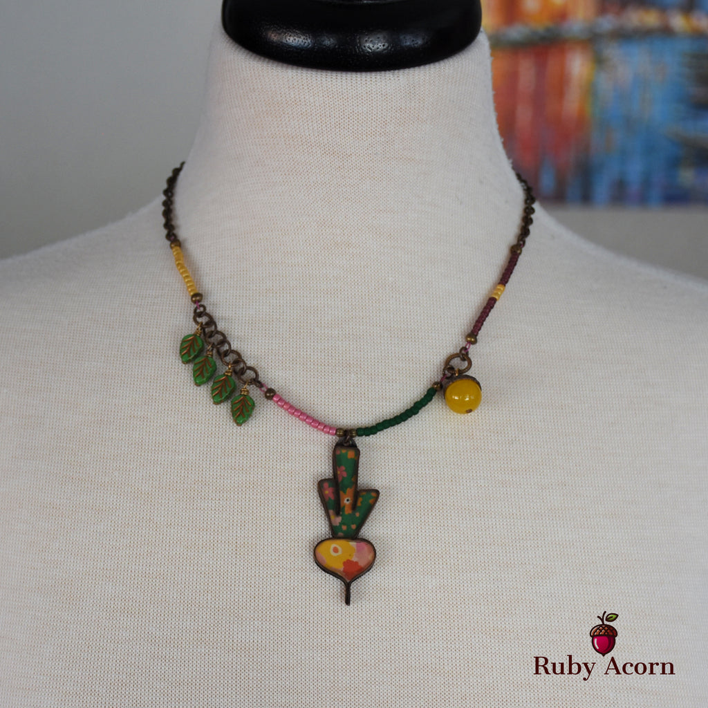 Happy Radish Statement Necklace with Artisan Resin Copper Focal, Yellow Quartz, Czech Glass, Antique Brass Plated Chain