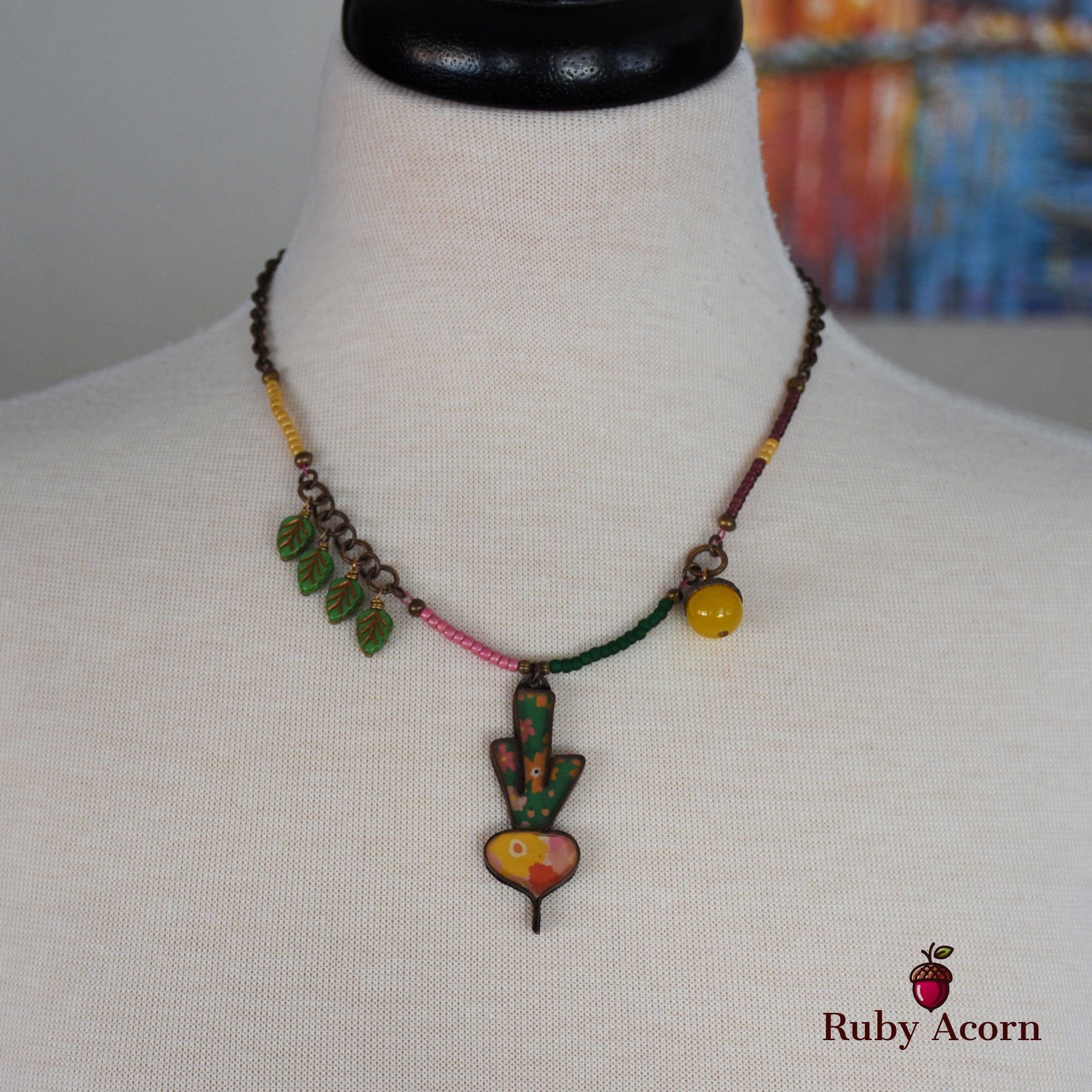 Happy Radish Statement Necklace with Artisan Resin Copper Focal, Yellow Quartz, Czech Glass, Antique Brass Plated Chain