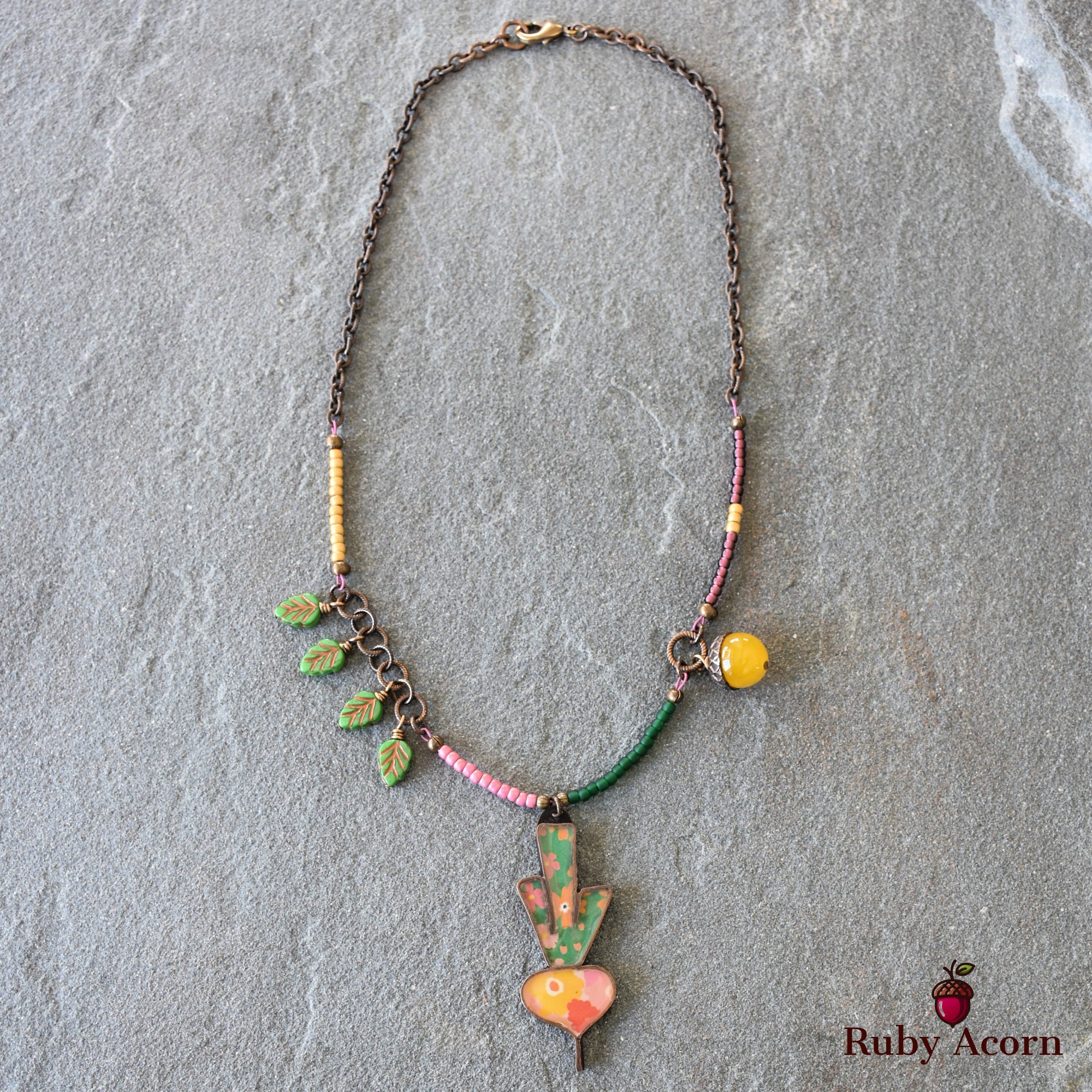 Happy Radish Statement Necklace with Artisan Resin Copper Focal, Yellow Quartz, Czech Glass, Antique Brass Plated Chain