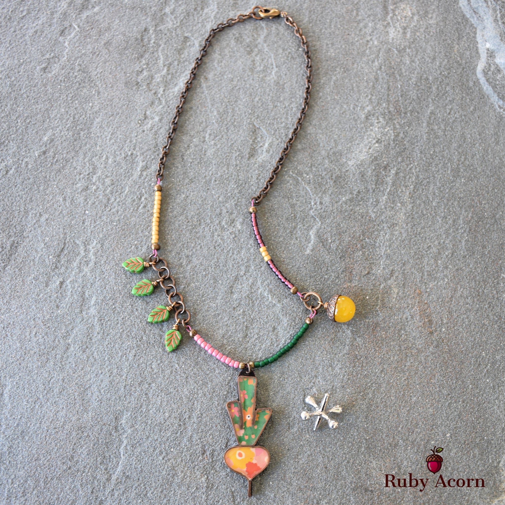 Happy Radish Statement Necklace with Artisan Resin Copper Focal, Yellow Quartz, Czech Glass, Antique Brass Plated Chain