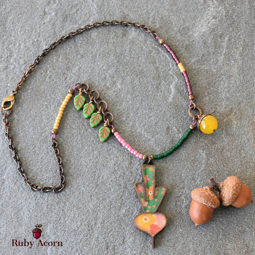 Happy Radish Statement Necklace with Artisan Resin Copper Focal, Yellow Quartz, Czech Glass, Antique Brass Plated Chain