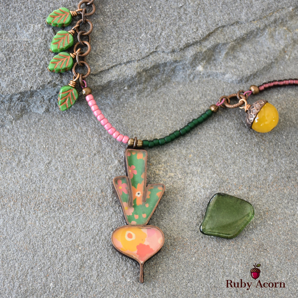 Happy Radish Statement Necklace with Artisan Resin Copper Focal, Yellow Quartz, Czech Glass, Antique Brass Plated Chain
