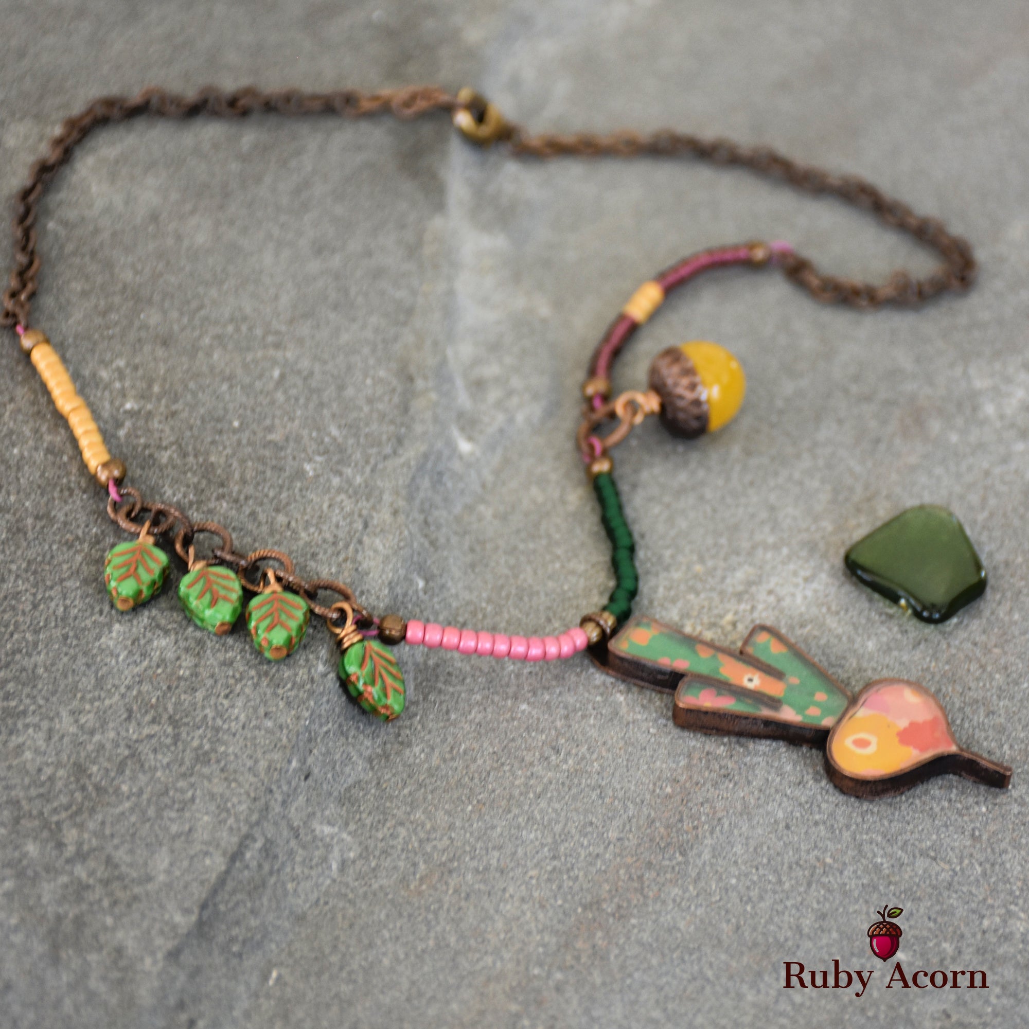 Happy Radish Statement Necklace with Artisan Resin Copper Focal, Yellow Quartz, Czech Glass, Antique Brass Plated Chain