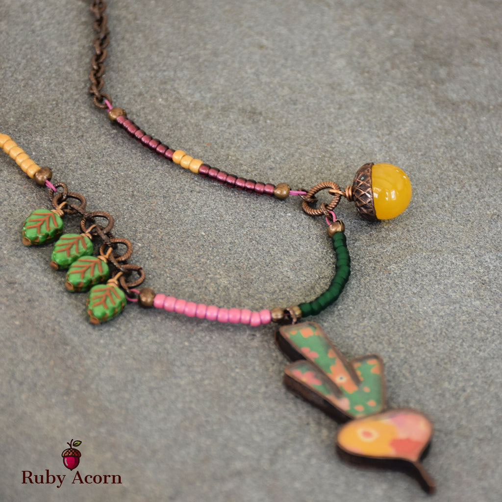 Happy Radish Statement Necklace with Artisan Resin Copper Focal, Yellow Quartz, Czech Glass, Antique Brass Plated Chain