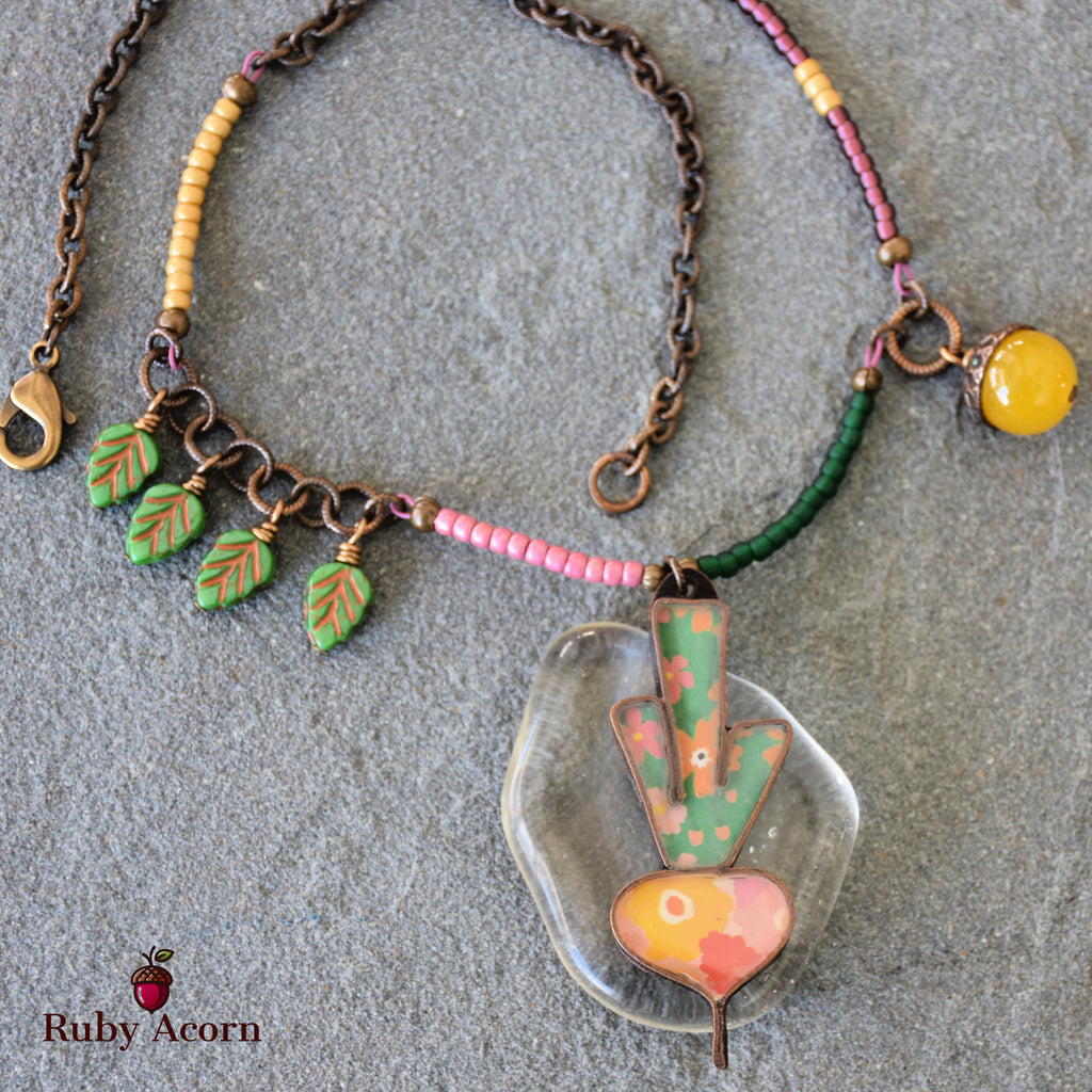 Happy Radish Statement Necklace with Artisan Resin Copper Focal, Yellow Quartz, Czech Glass, Antique Brass Plated Chain