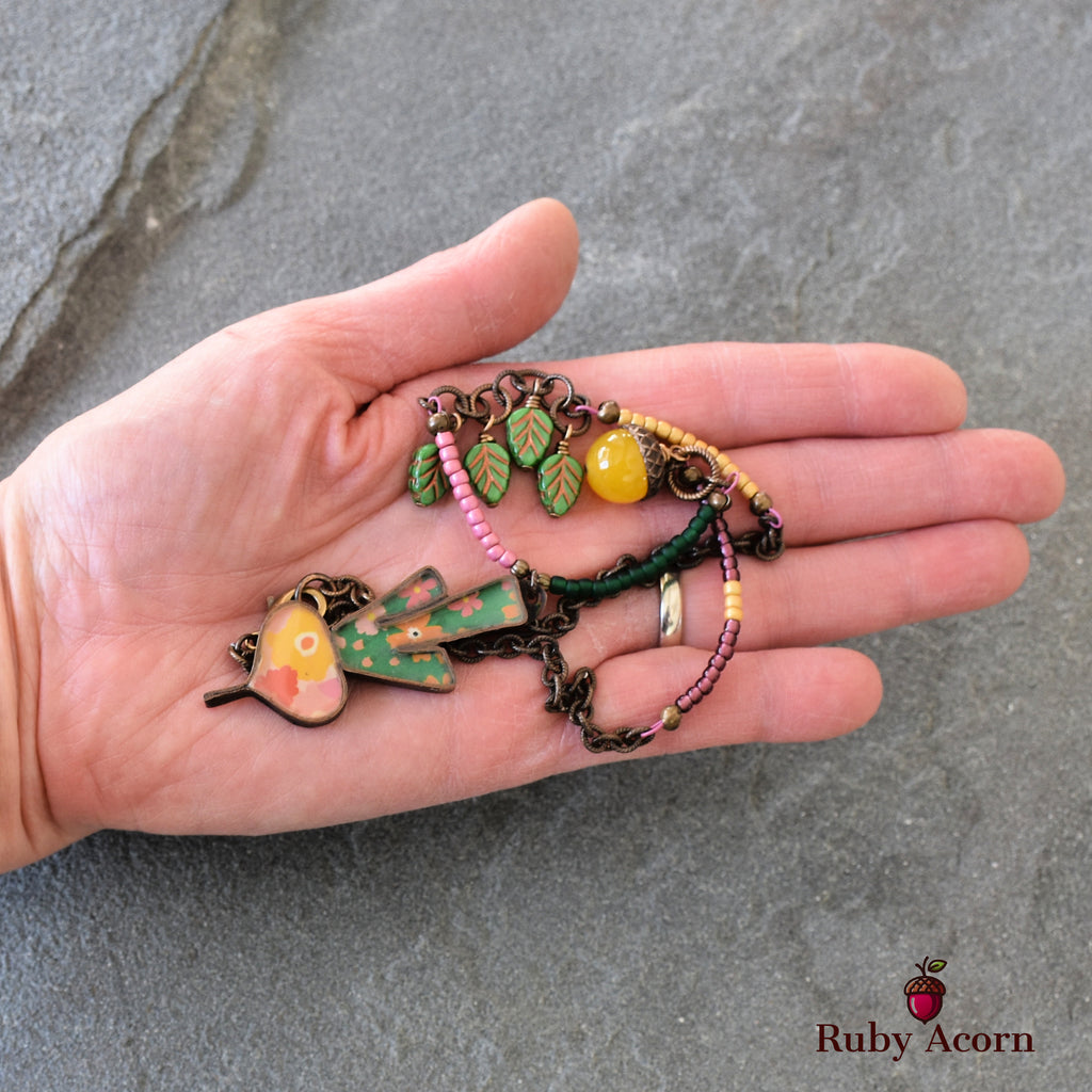 Happy Radish Statement Necklace with Artisan Resin Copper Focal, Yellow Quartz, Czech Glass, Antique Brass Plated Chain