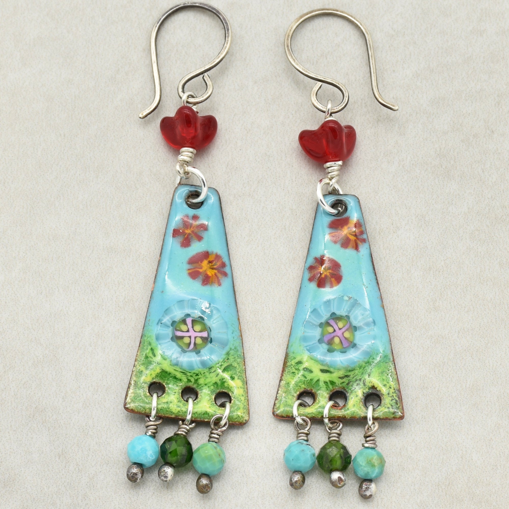 Exquisite In Bloom Handmade Dangle Earrings, Artisan Focals, AAA Chrome Diopside, Peruvian Amazonite, Natural Turquoise, Sterling Silver