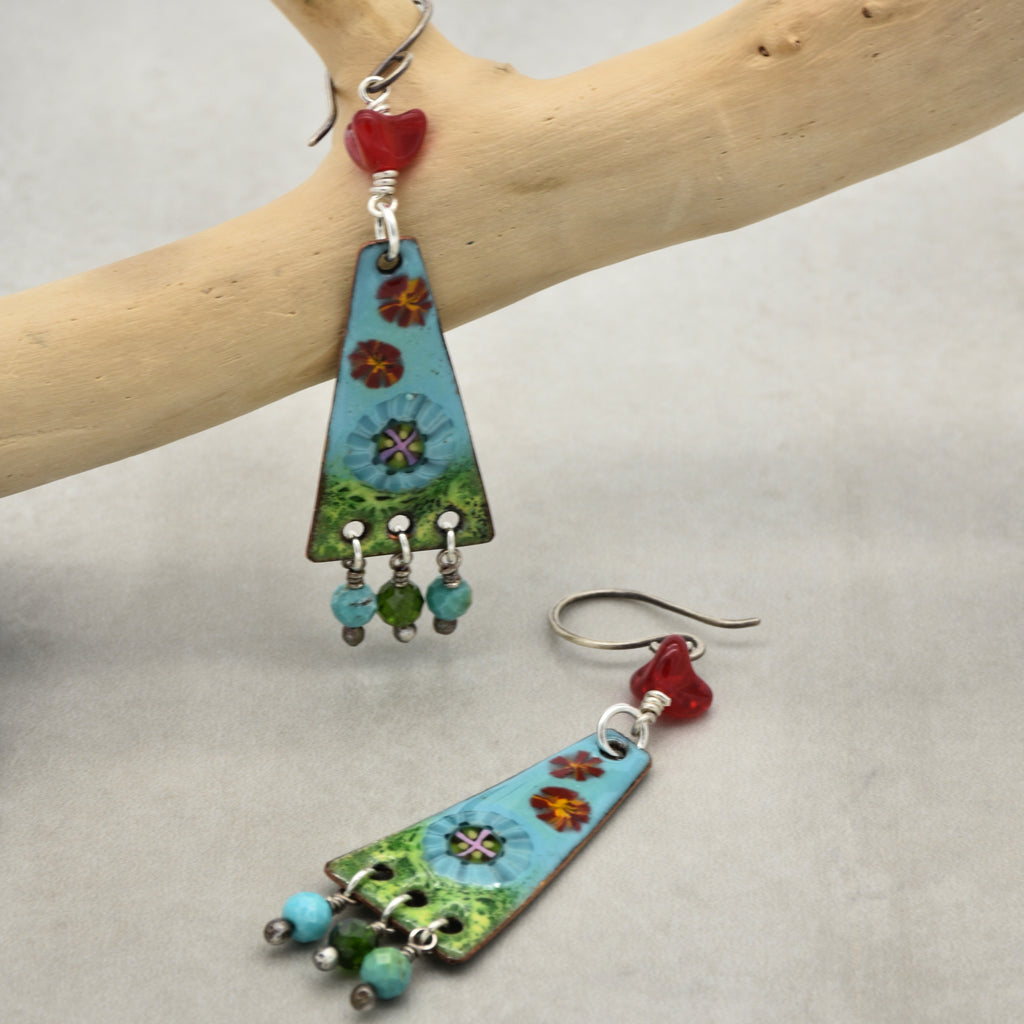 Exquisite In Bloom Handmade Dangle Earrings, Artisan Focals, AAA Chrome Diopside, Peruvian Amazonite, Natural Turquoise, Sterling Silver