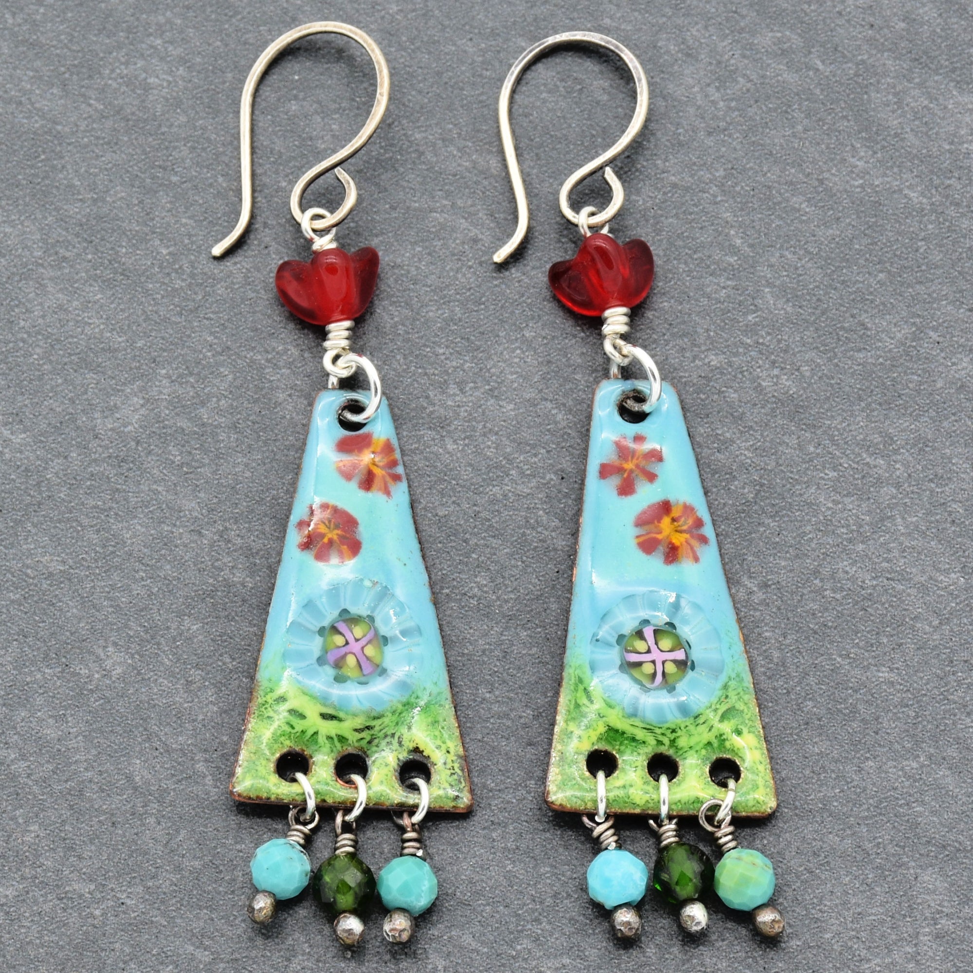 Exquisite In Bloom Handmade Dangle Earrings, Artisan Focals, AAA Chrome Diopside, Peruvian Amazonite, Natural Turquoise, Sterling Silver
