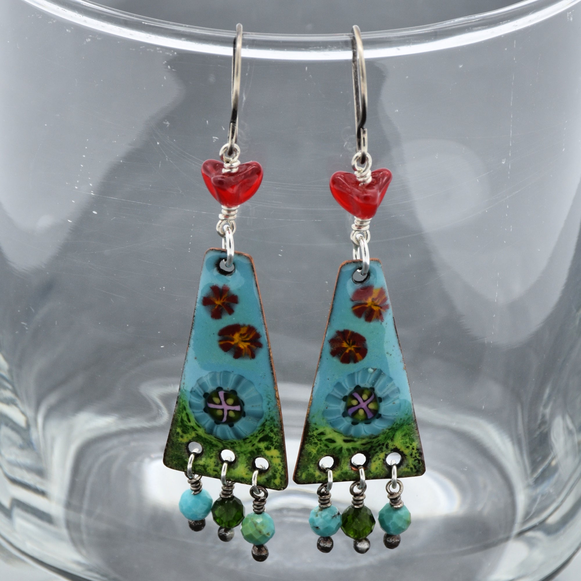 Exquisite In Bloom Handmade Dangle Earrings, Artisan Focals, AAA Chrome Diopside, Peruvian Amazonite, Natural Turquoise, Sterling Silver