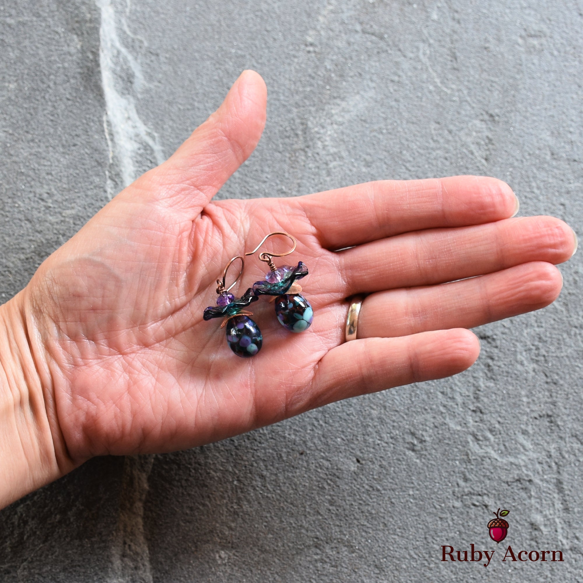 Indigo Ruffles Handmade Dangle Earrings, Artisan Lampwork Glass, Purple Amethyst