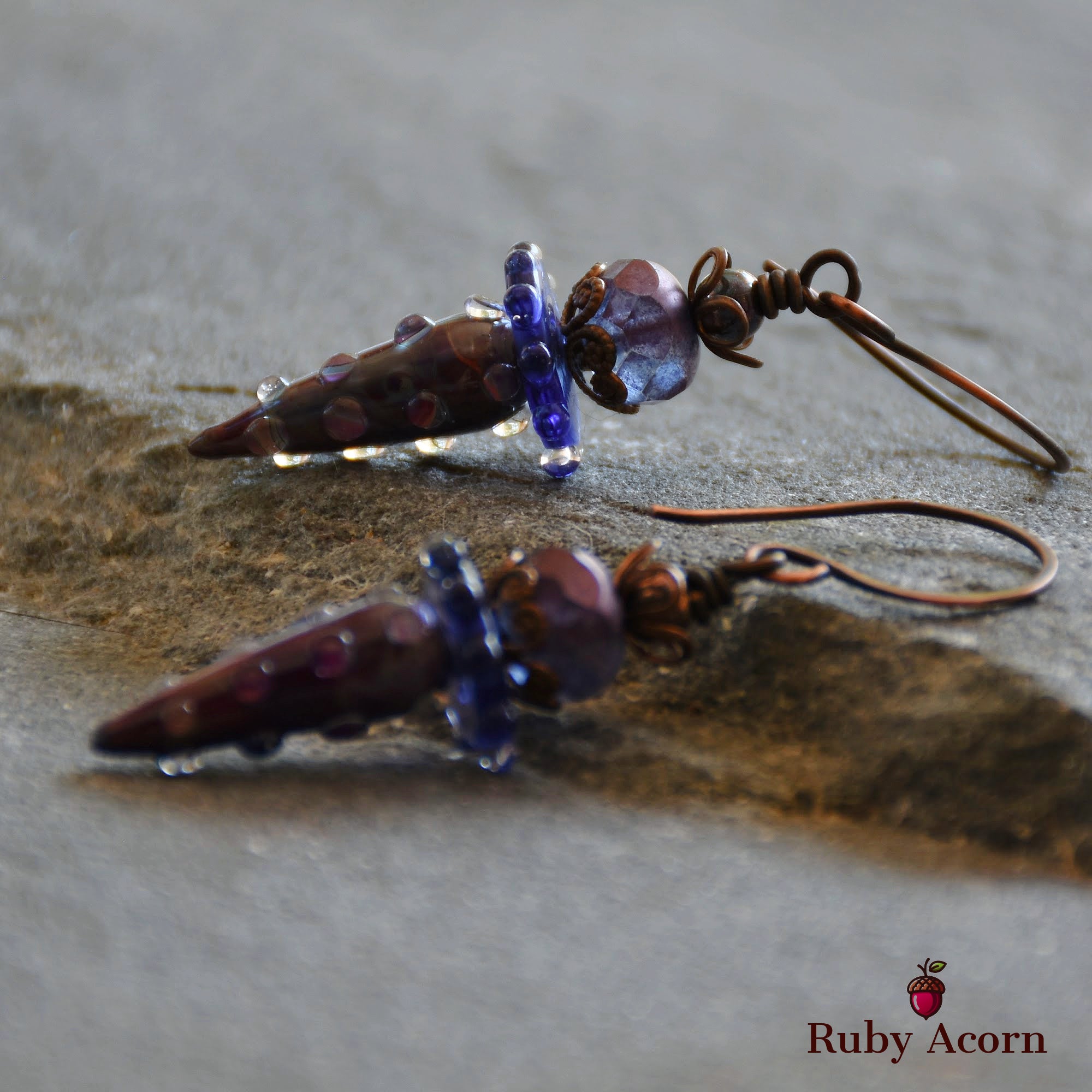 Indigo and Violet Handmade Dangle Earrings, Gorgeous Artisan Lampwork Glass and Czech Glass.