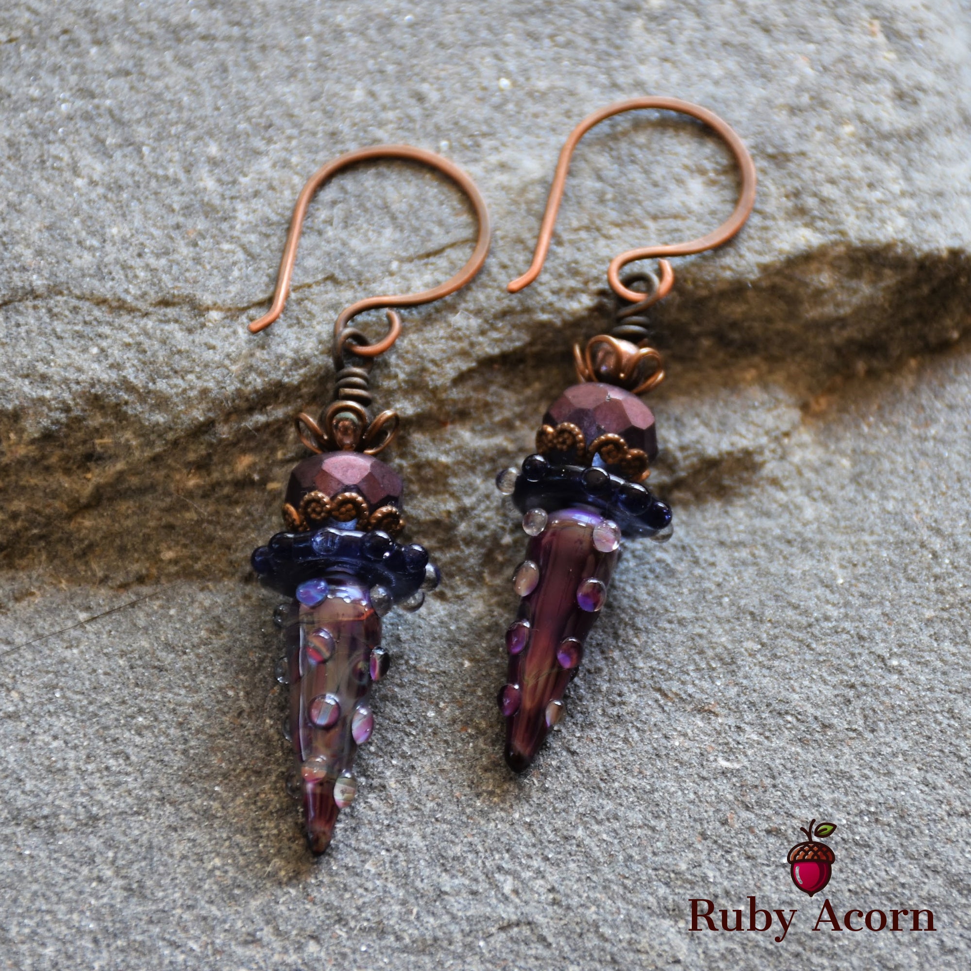 Indigo and Violet Handmade Dangle Earrings, Gorgeous Artisan Lampwork Glass and Czech Glass.