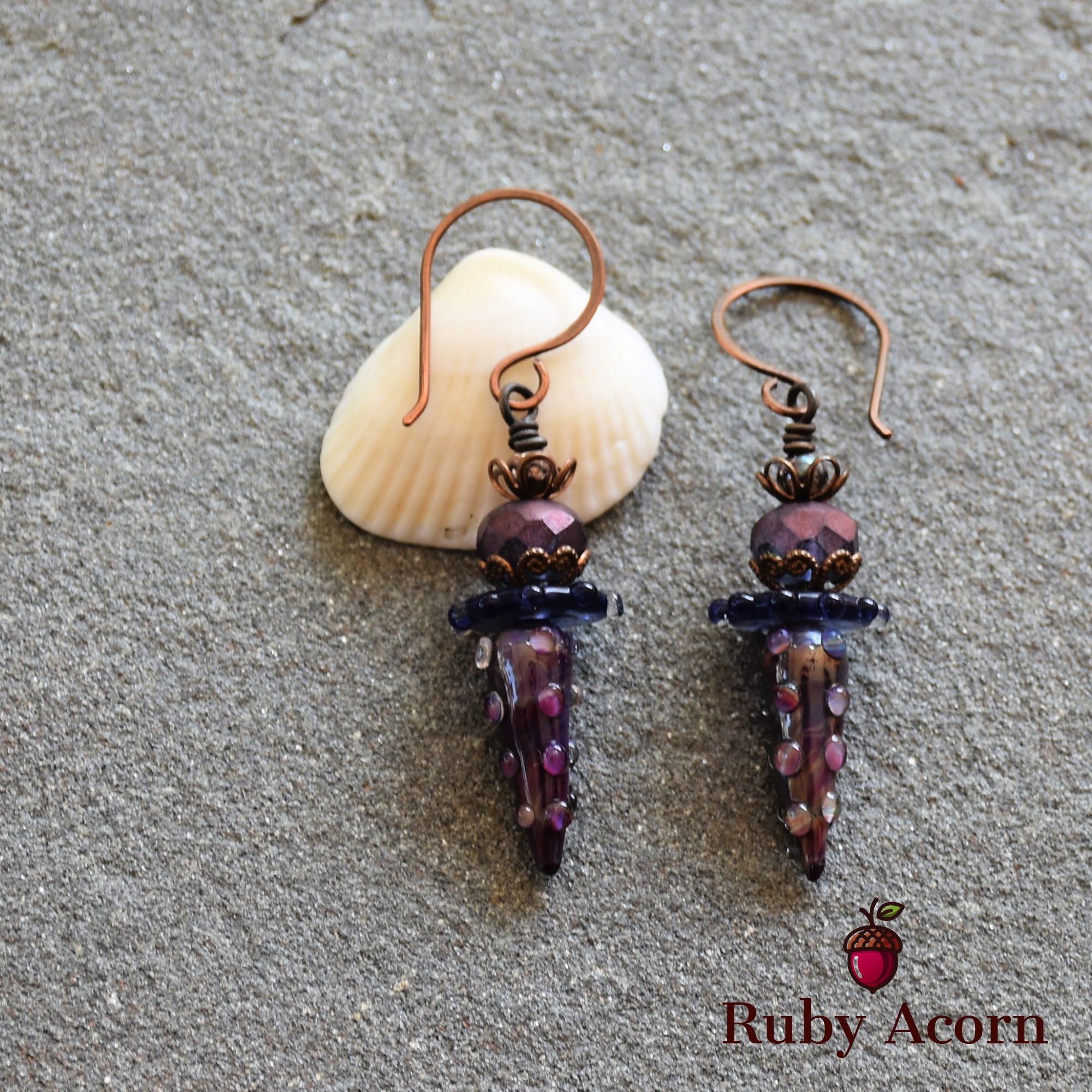 Indigo and Violet Handmade Dangle Earrings, Gorgeous Artisan Lampwork Glass and Czech Glass.