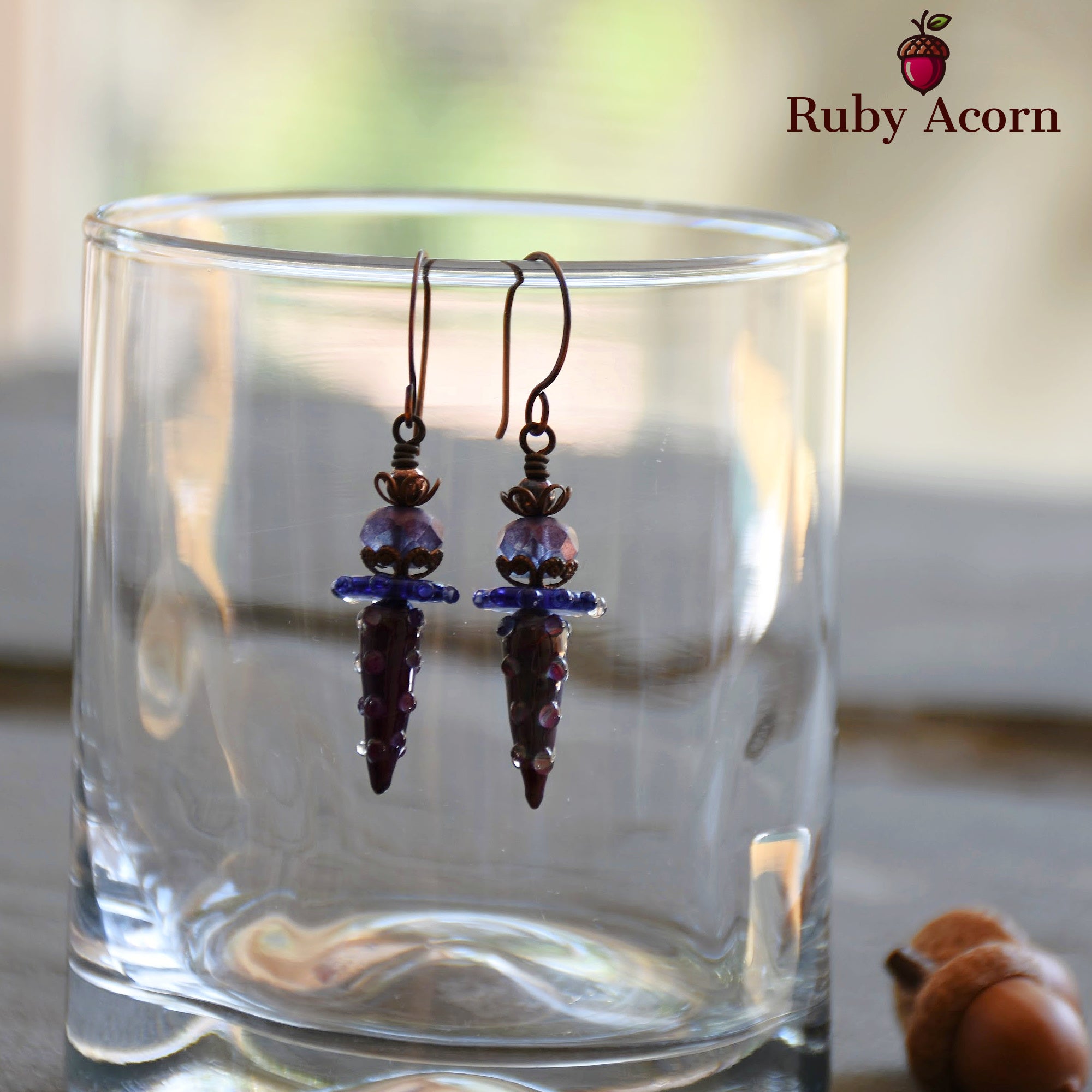 Indigo and Violet Handmade Dangle Earrings, Gorgeous Artisan Lampwork Glass and Czech Glass.