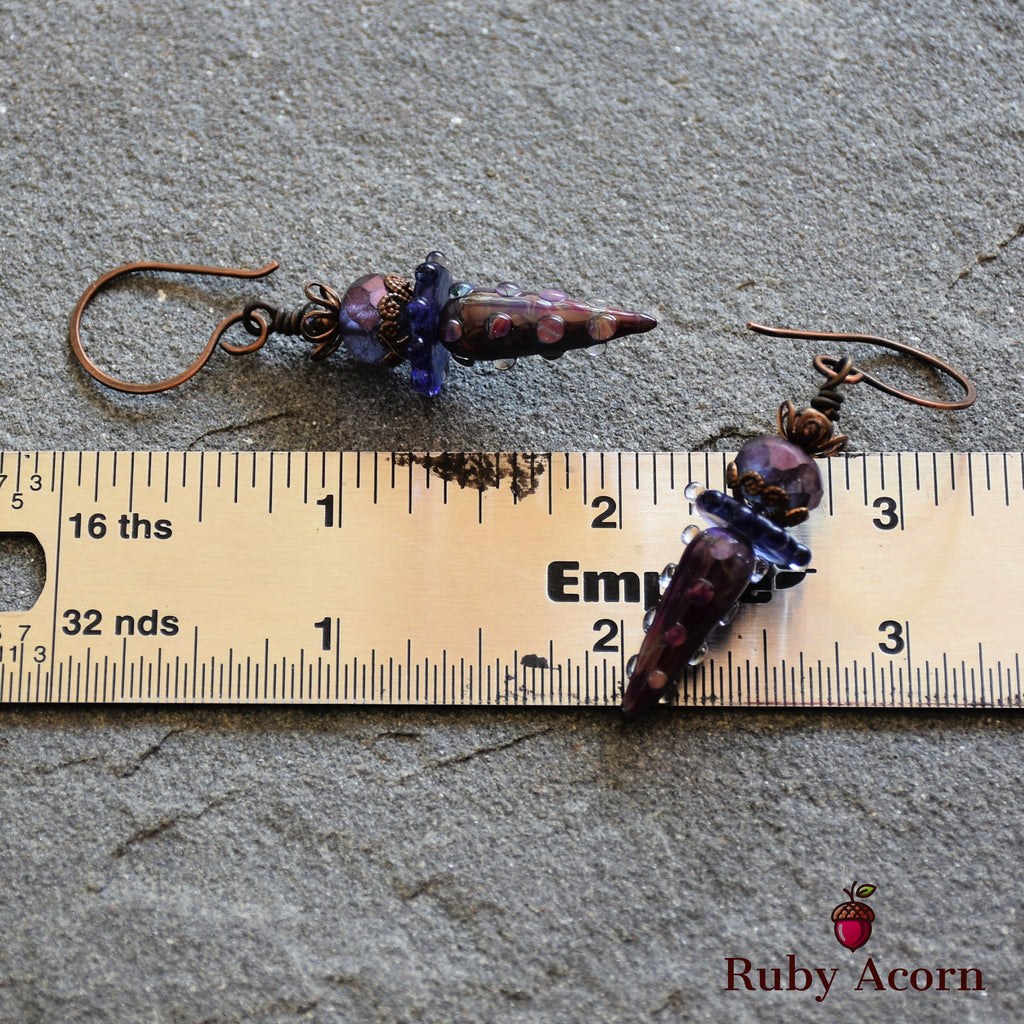 Indigo and Violet Handmade Dangle Earrings, Gorgeous Artisan Lampwork Glass and Czech Glass.