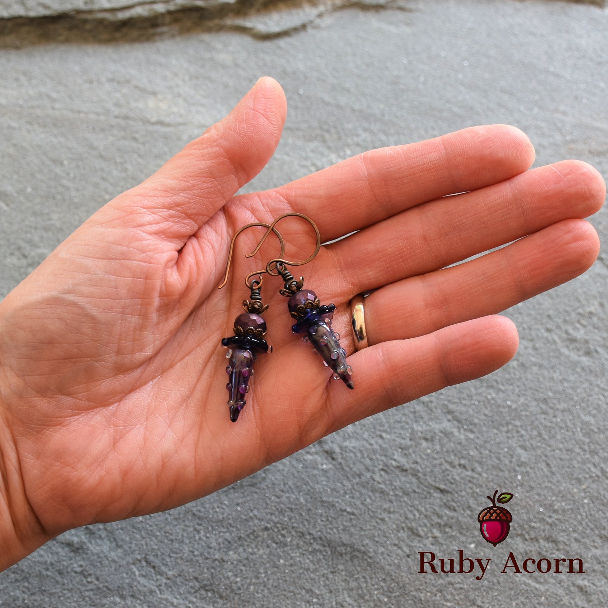 Indigo and Violet Handmade Dangle Earrings, Gorgeous Artisan Lampwork Glass and Czech Glass.