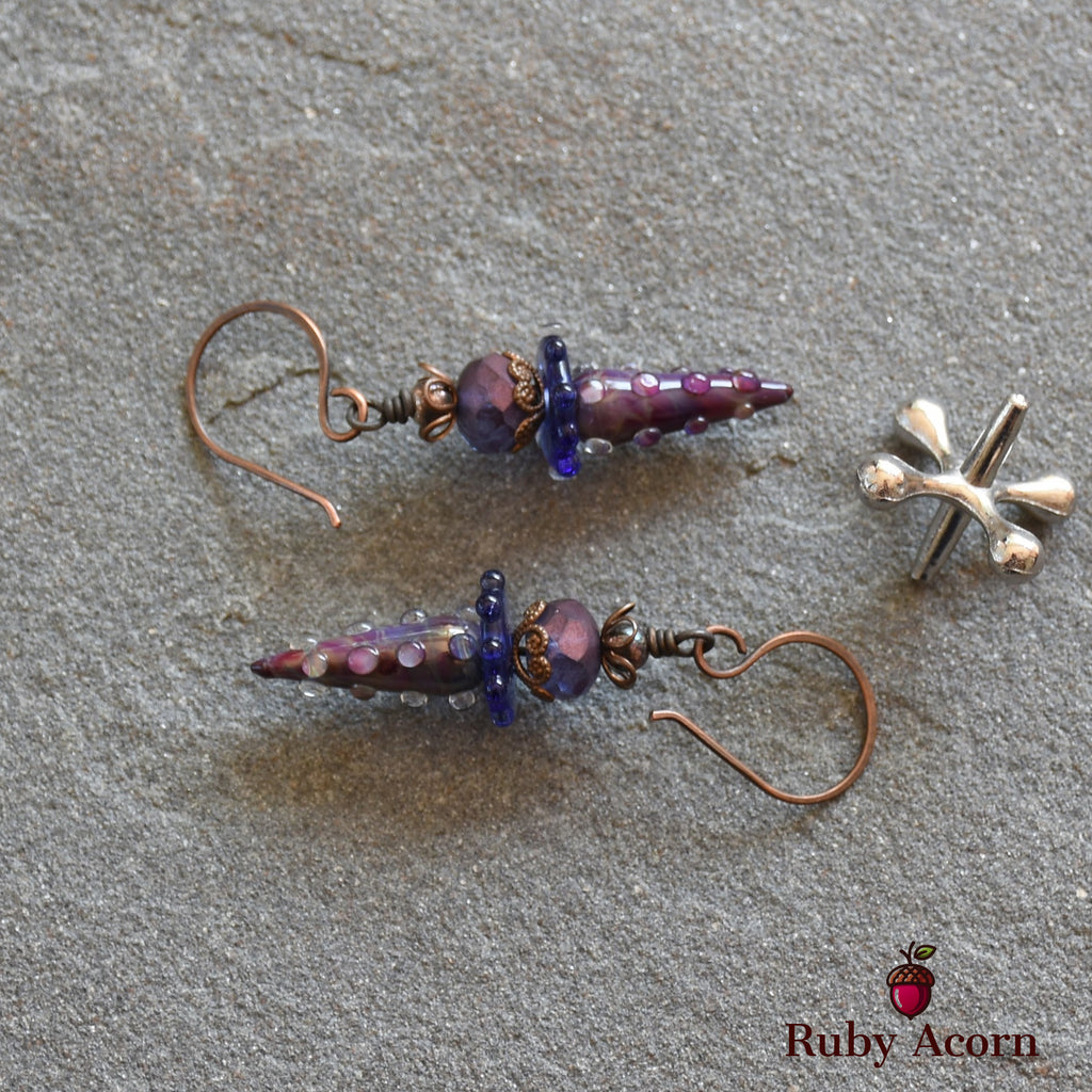 Indigo and Violet Handmade Dangle Earrings, Gorgeous Artisan Lampwork Glass and Czech Glass.