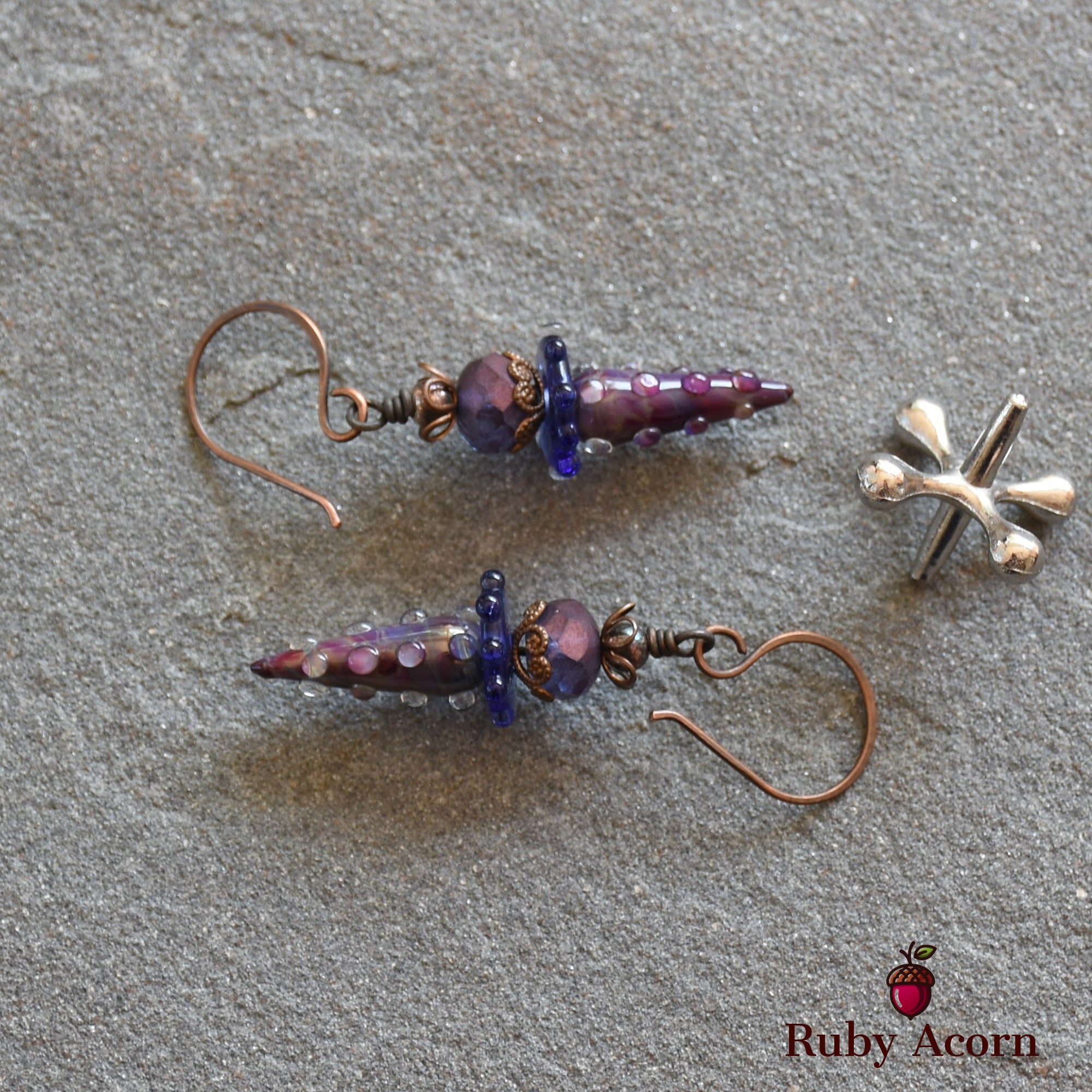 Indigo and Violet Handmade Dangle Earrings, Gorgeous Artisan Lampwork Glass and Czech Glass.