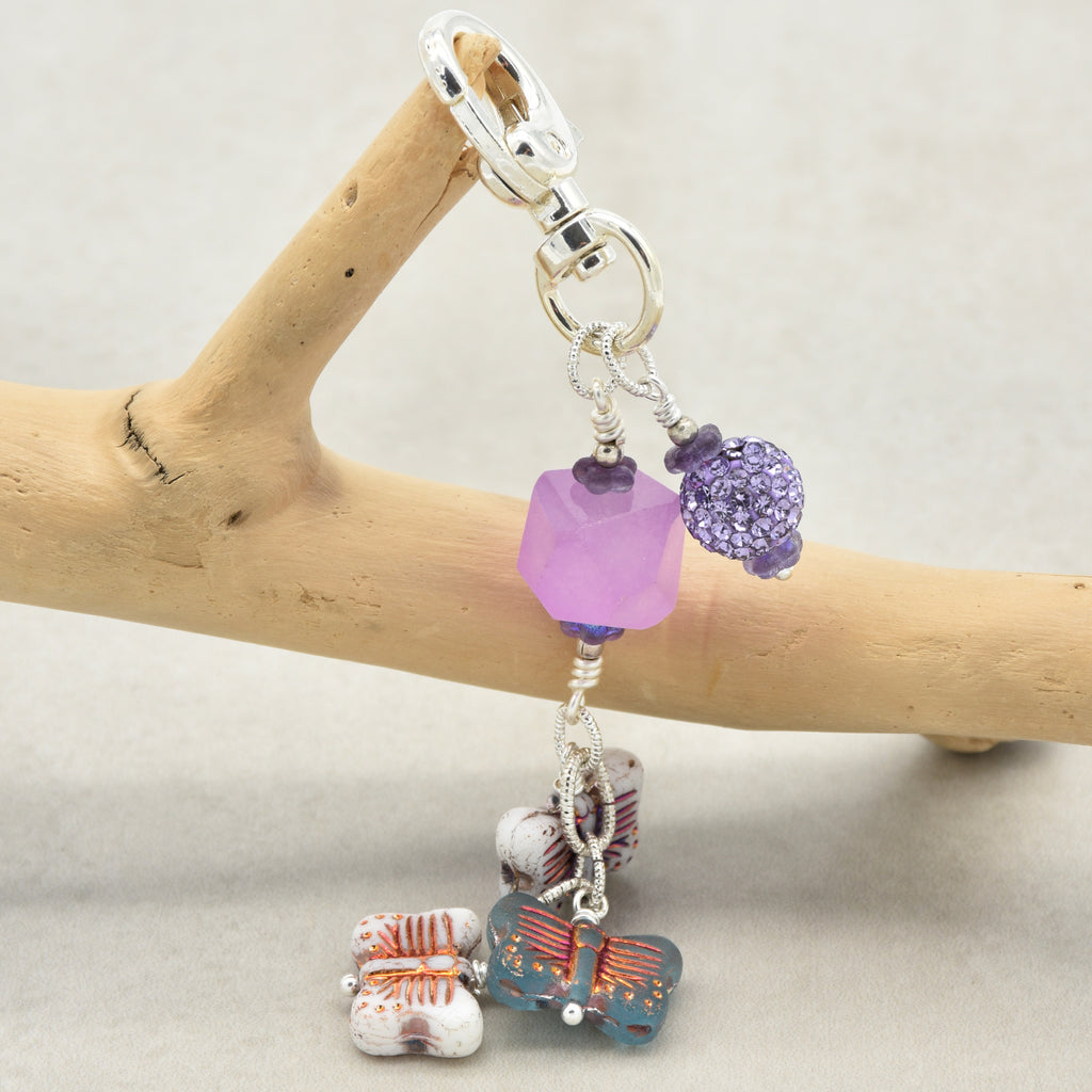 Lilac quartz handbag charm with butterfly charms on a branch - handmade with love by Ruby Acorn