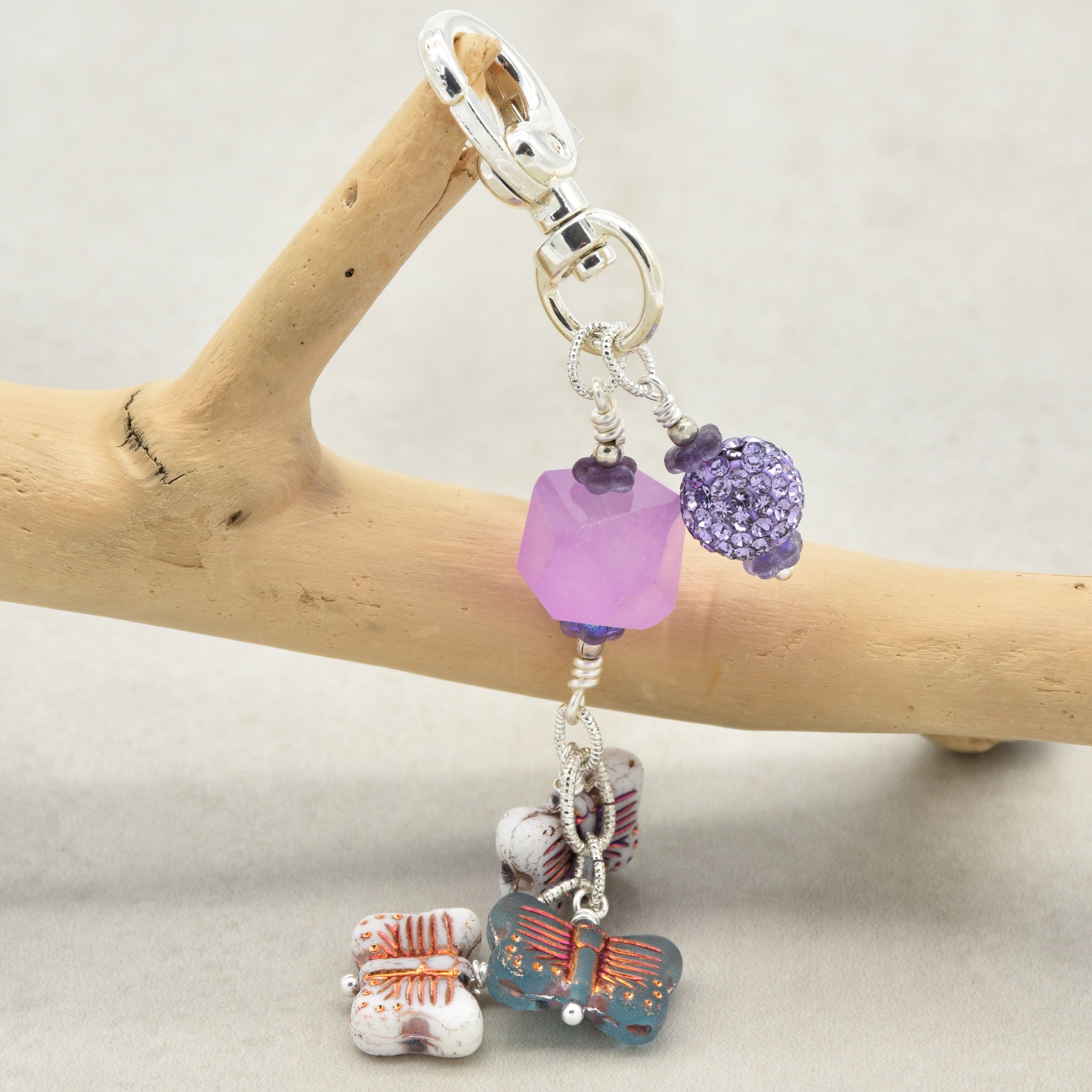 Lilac quartz handbag charm with butterfly charms on a branch - handmade with love by Ruby Acorn
