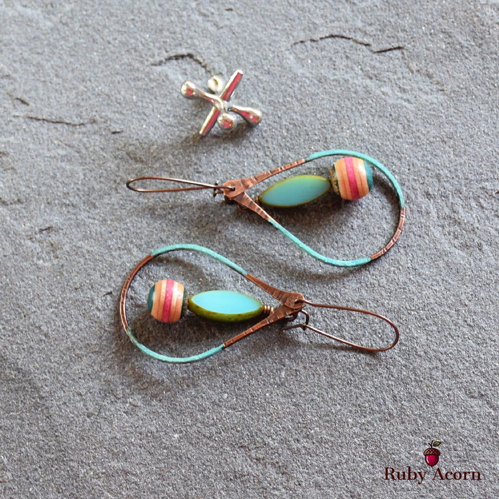 Longboard Recycled Skate Board Handmade Dangle Earrings, Artisan Patina Teardrops, Sky Blue Glass