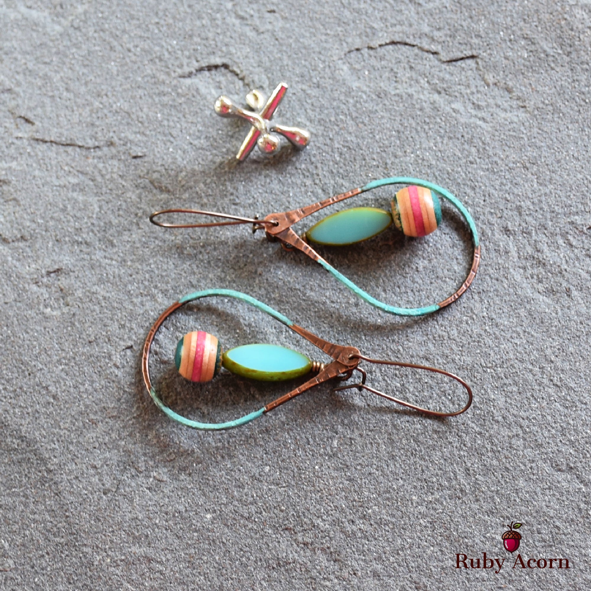 Longboard Recycled Skate Board Handmade Dangle Earrings, Artisan Patina Teardrops, Sky Blue Glass