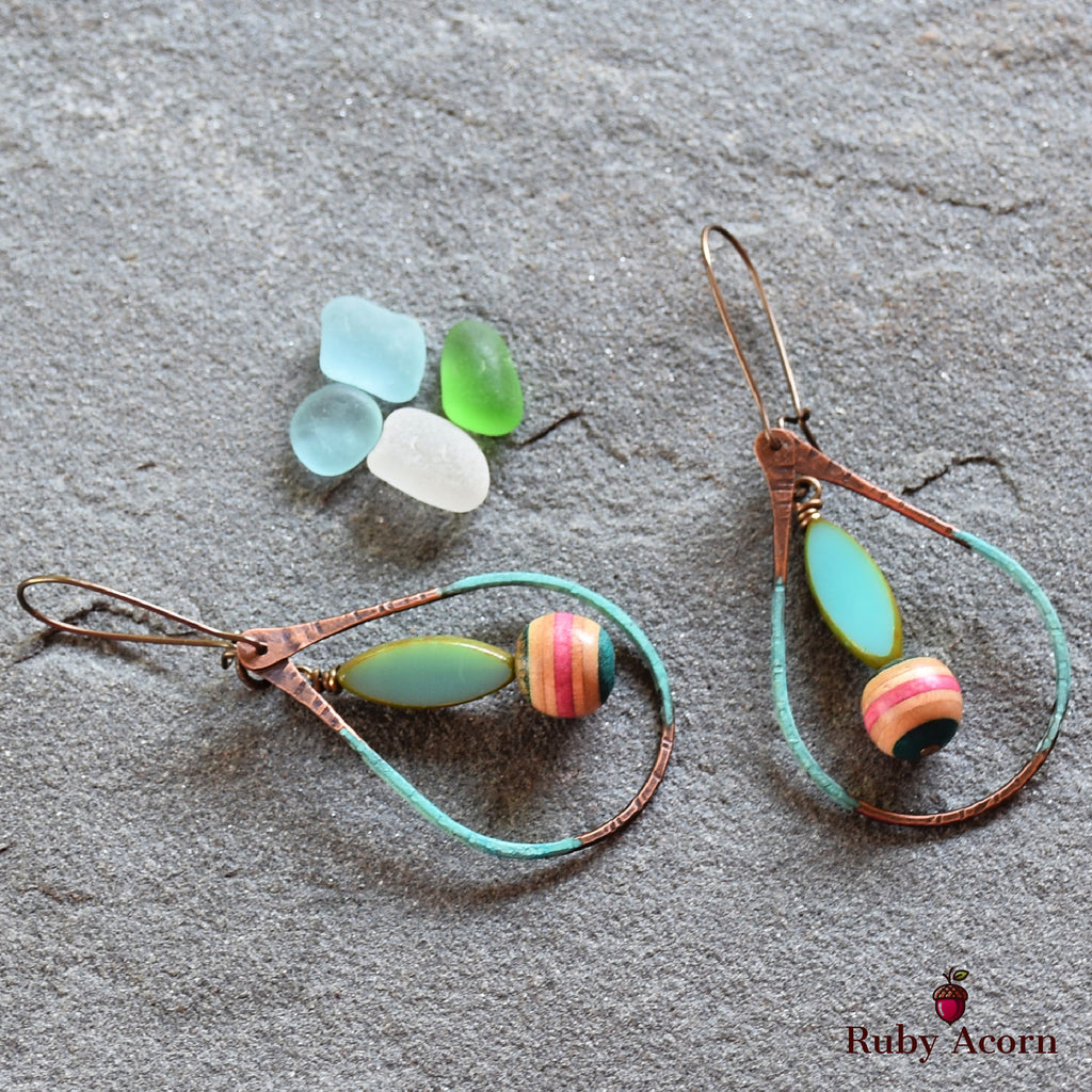 Longboard Recycled Skate Board Handmade Dangle Earrings, Artisan Patina Teardrops, Sky Blue Glass