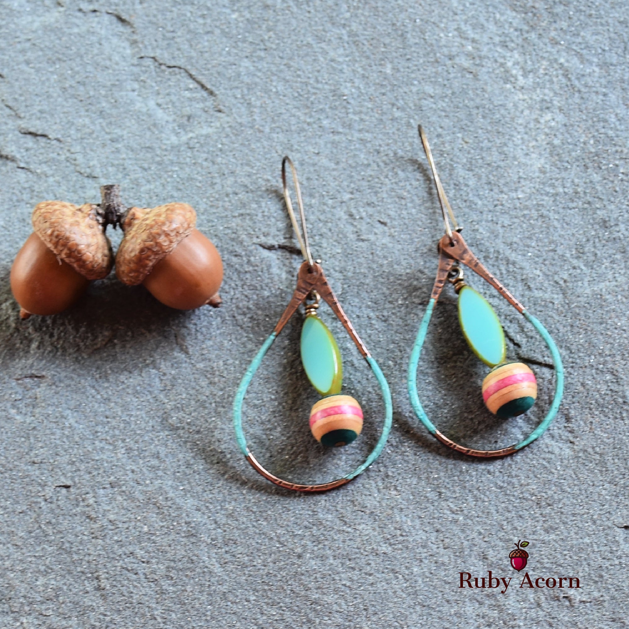 Longboard Recycled Skate Board Handmade Dangle Earrings, Artisan Patina Teardrops, Sky Blue Glass