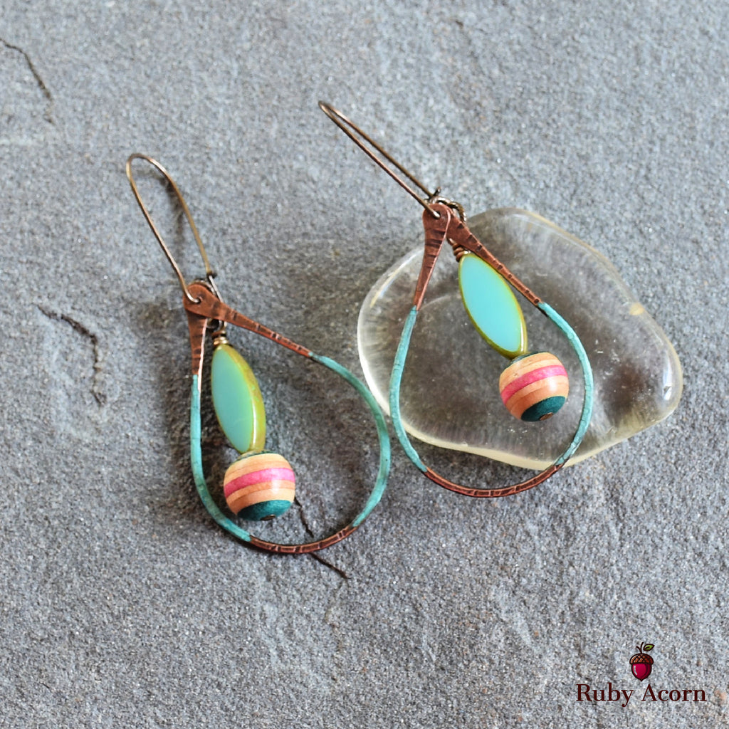 Longboard Recycled Skate Board Handmade Dangle Earrings, Artisan Patina Teardrops, Sky Blue Glass