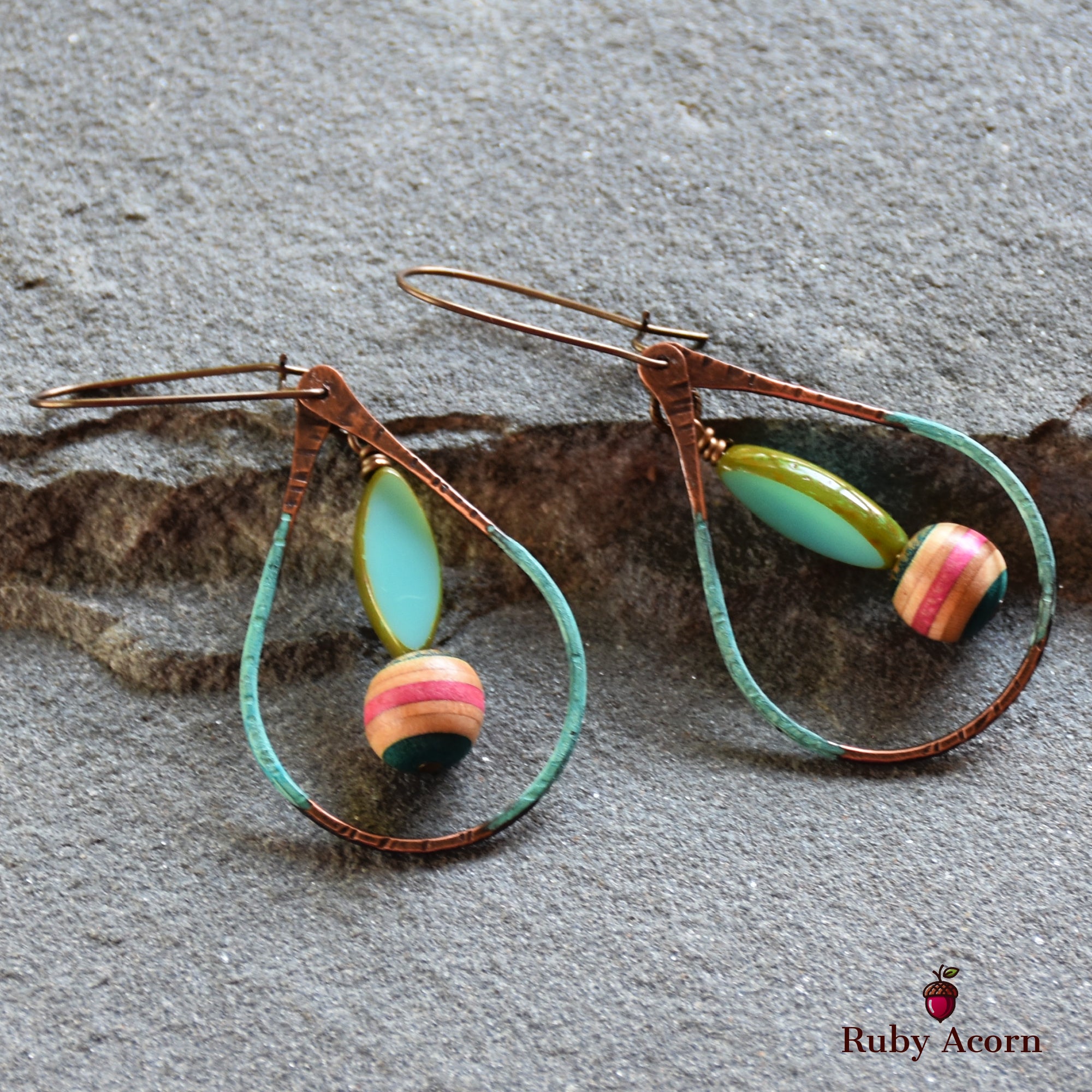 Longboard Recycled Skate Board Handmade Dangle Earrings, Artisan Patina Teardrops, Sky Blue Glass